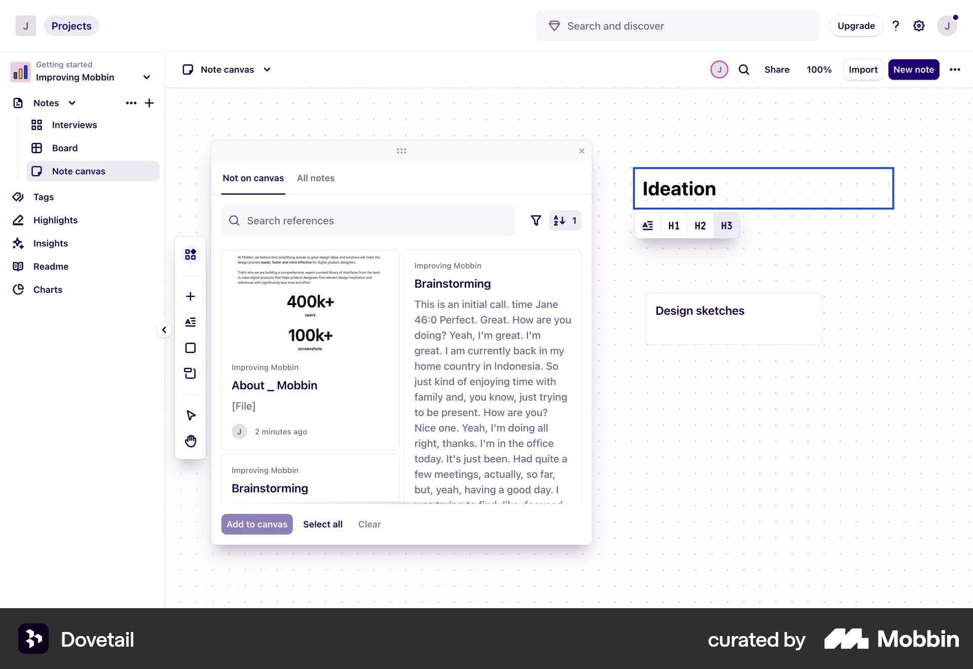 Dovetail Web Canvas screen