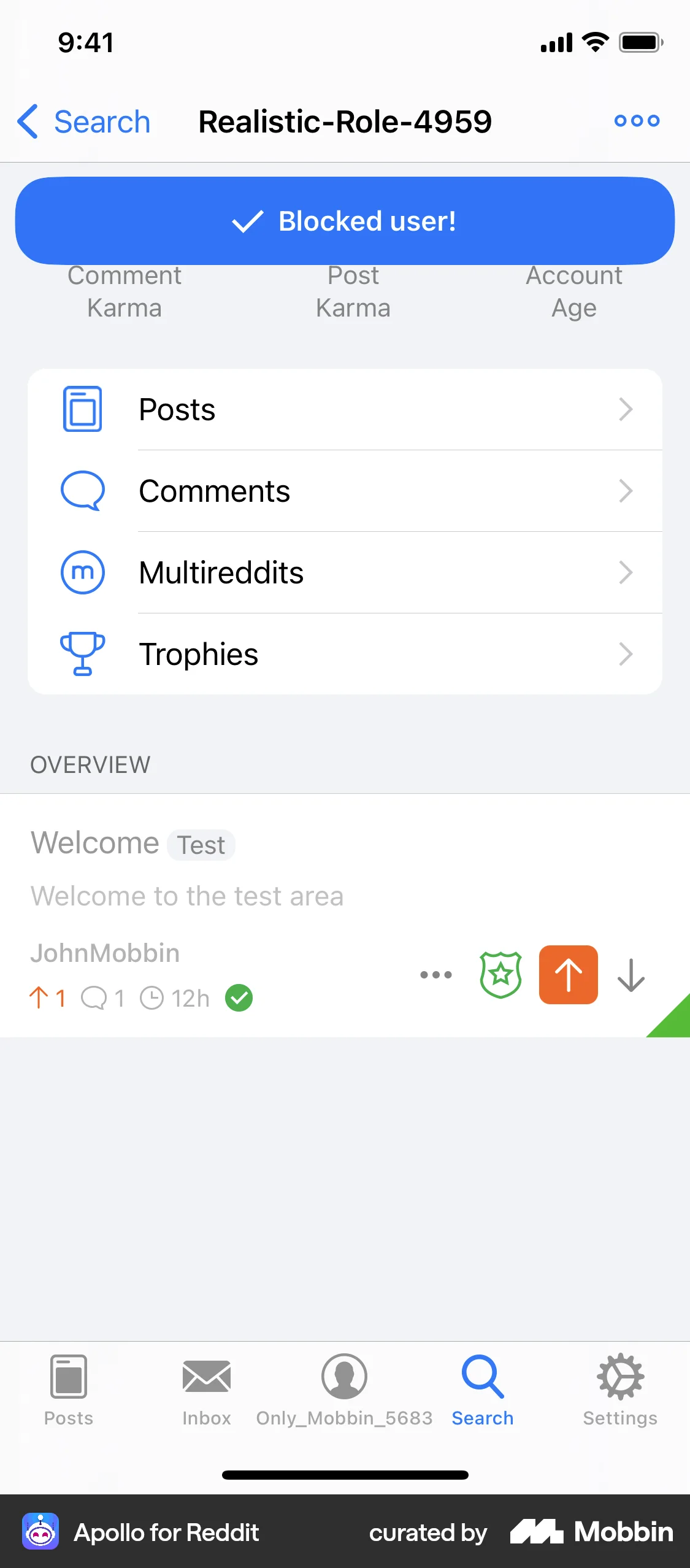 Apollo for Reddit iOS Ban & Block screen