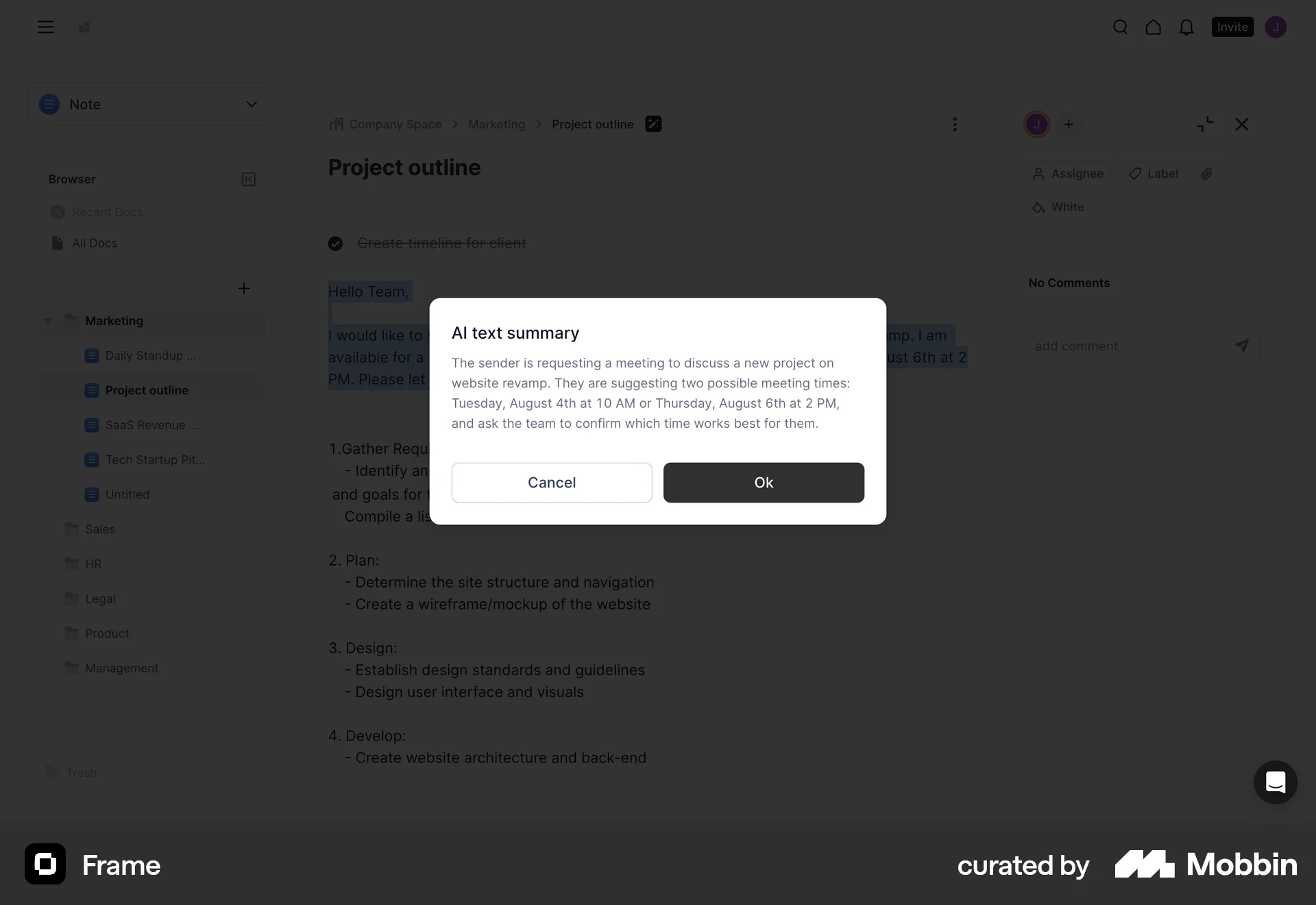 Frame Web Edit screen