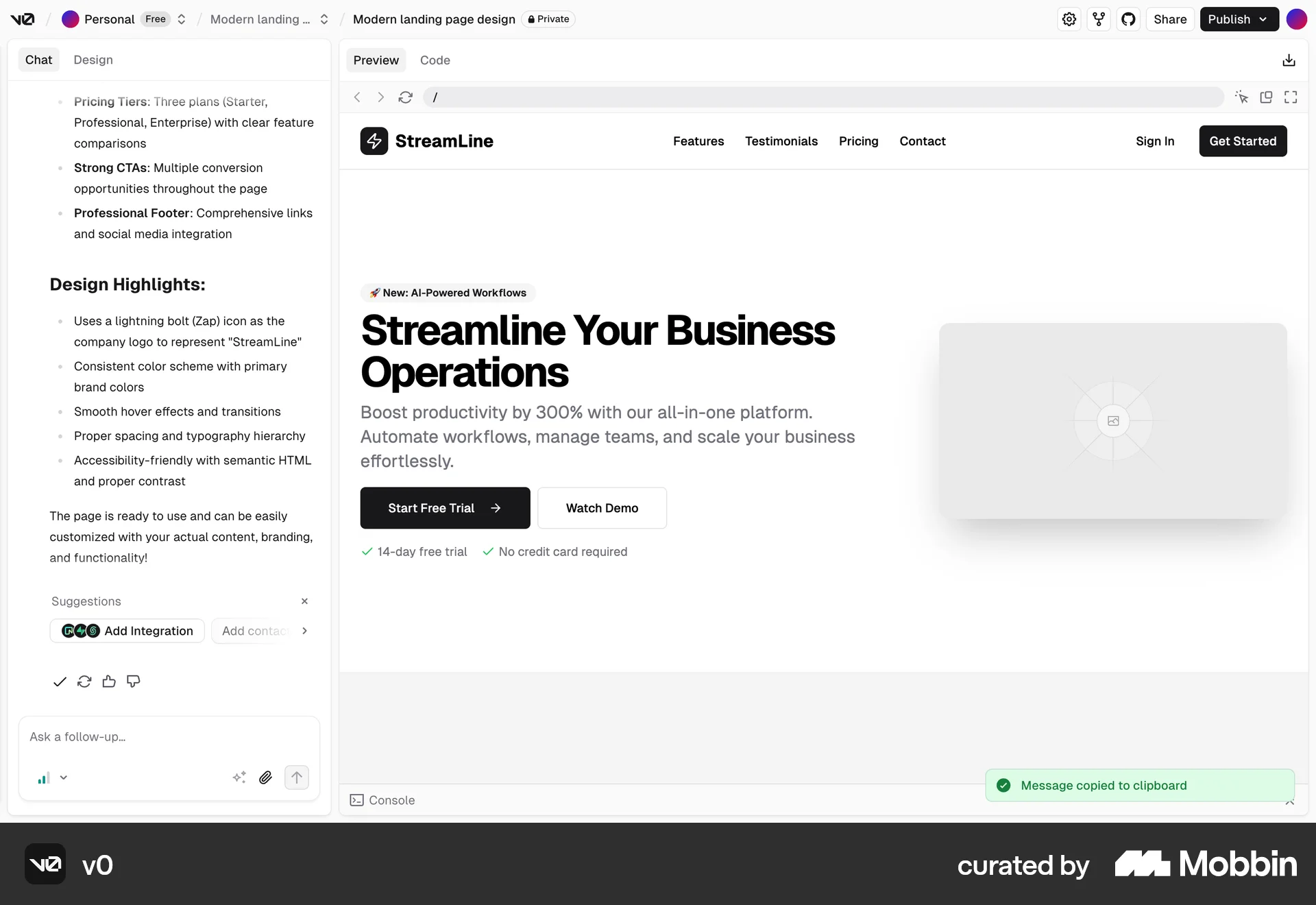 v0 Web screen containing Toast UI element