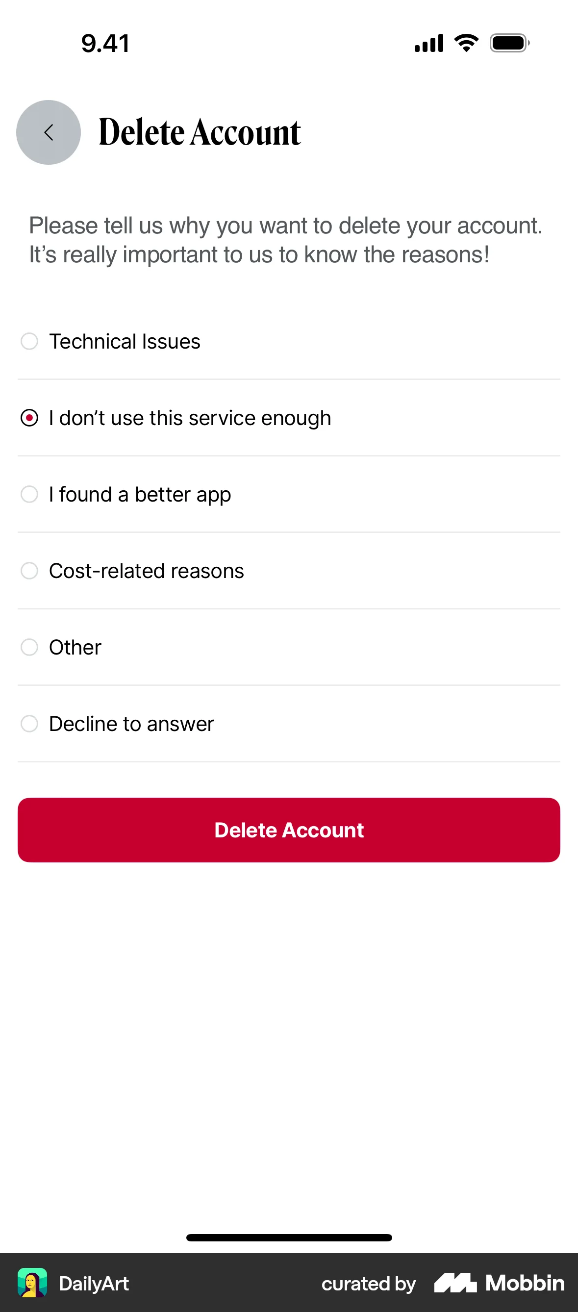 DailyArt iOS Delete & Deactivate Account screen