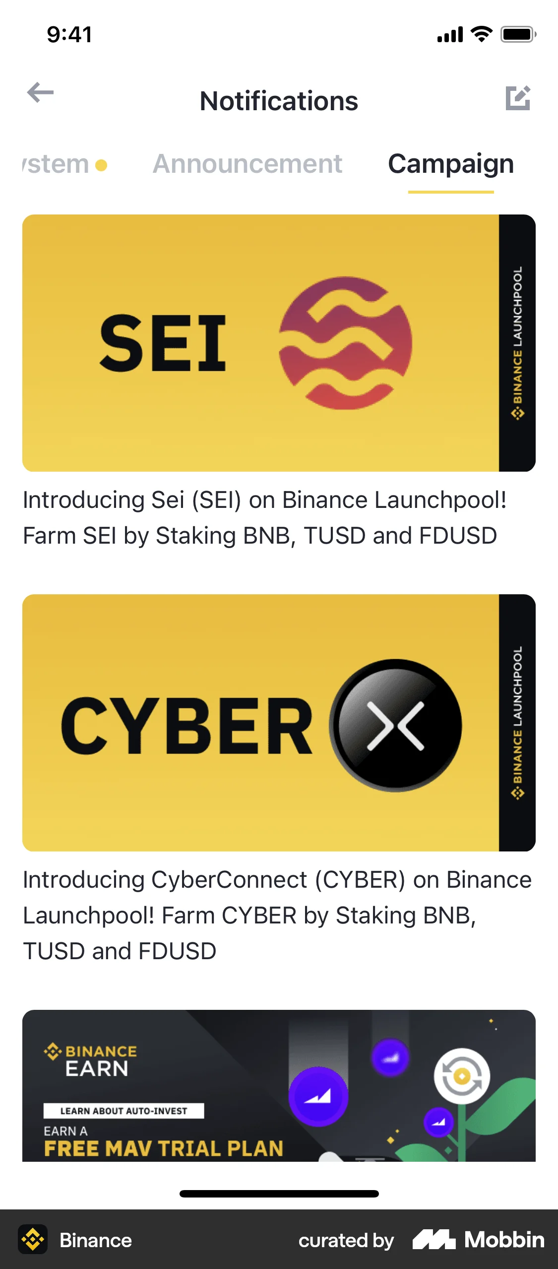 Binance iOS Notifications screen