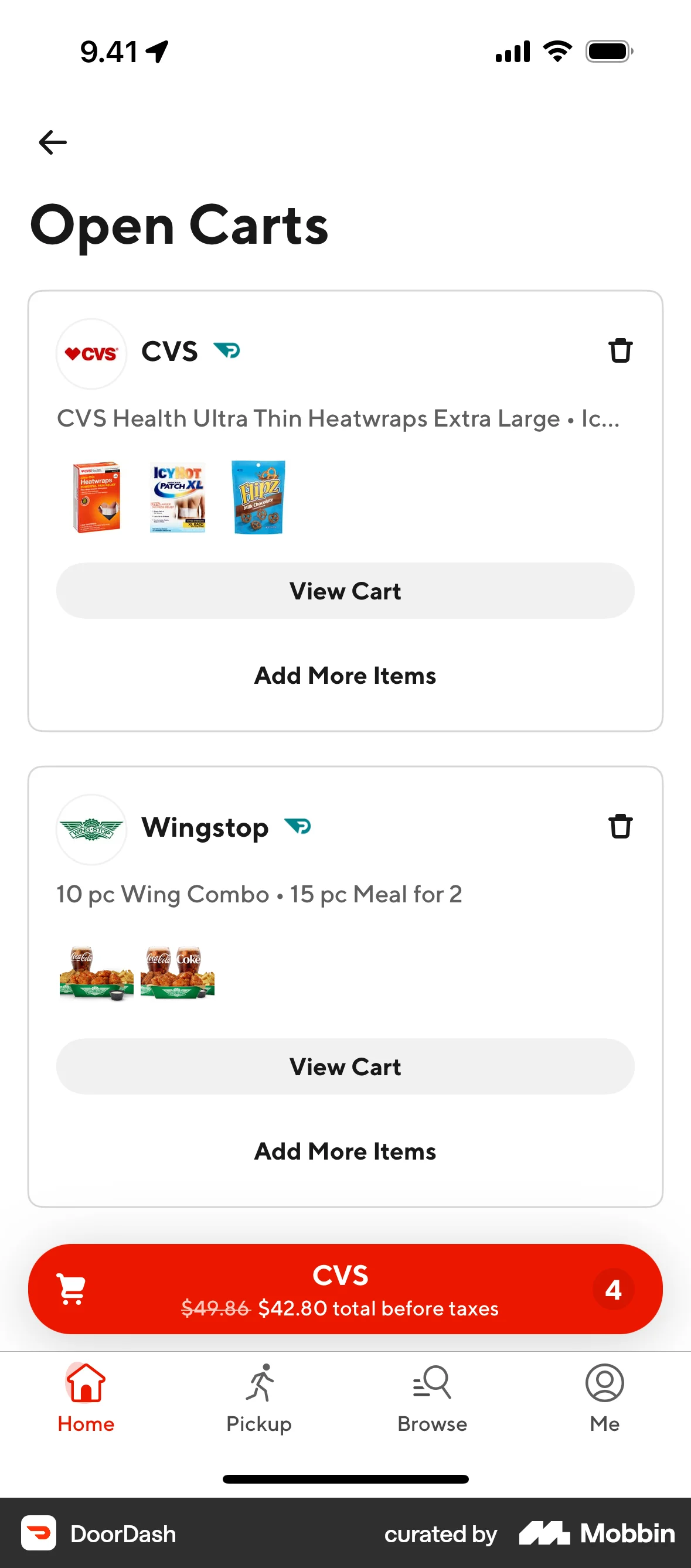 DoorDash iOS Mobile Shopping Cart screen