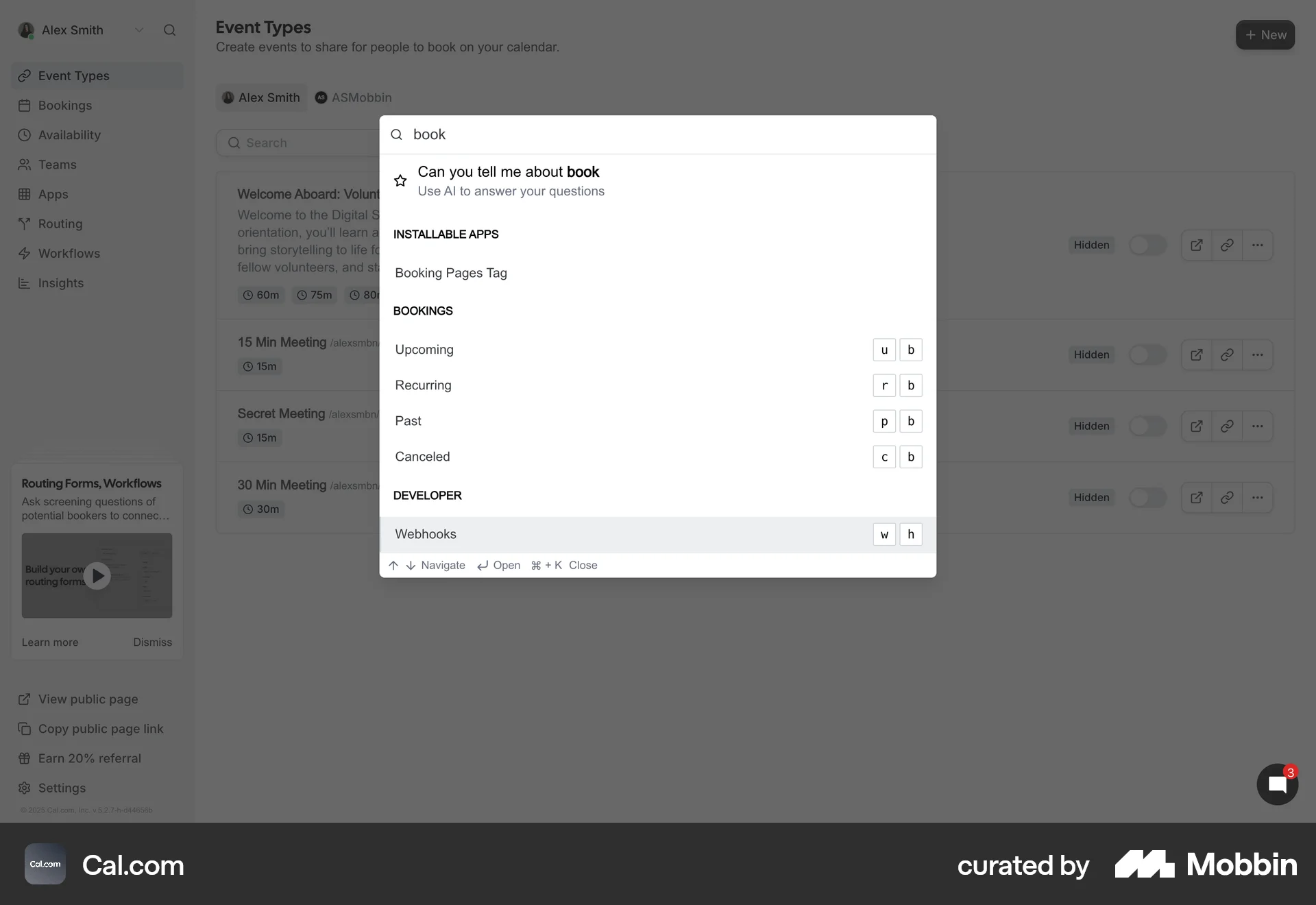 Cal.com Web Command Palette screen