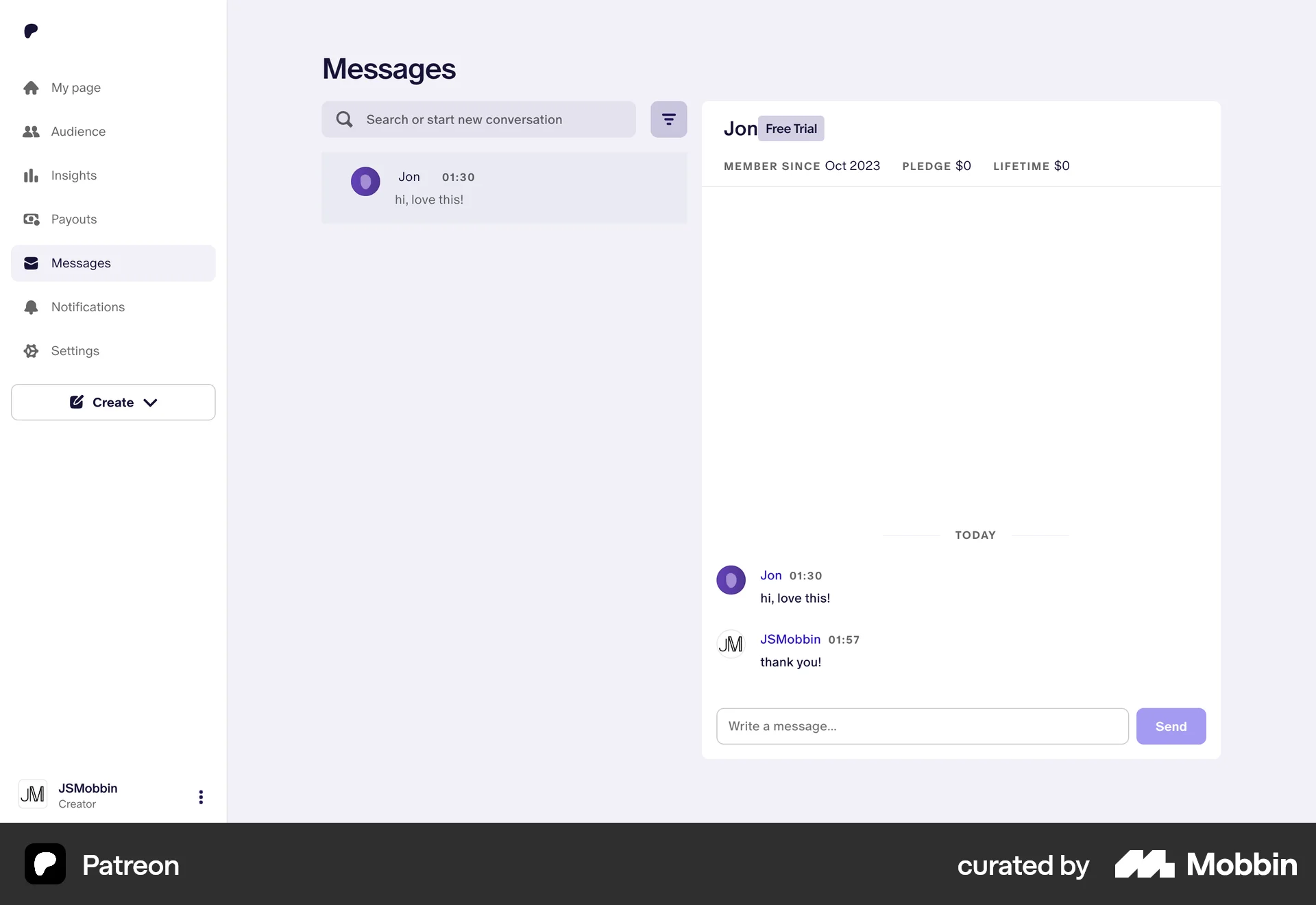 Patreon Web Emails & Messages screen