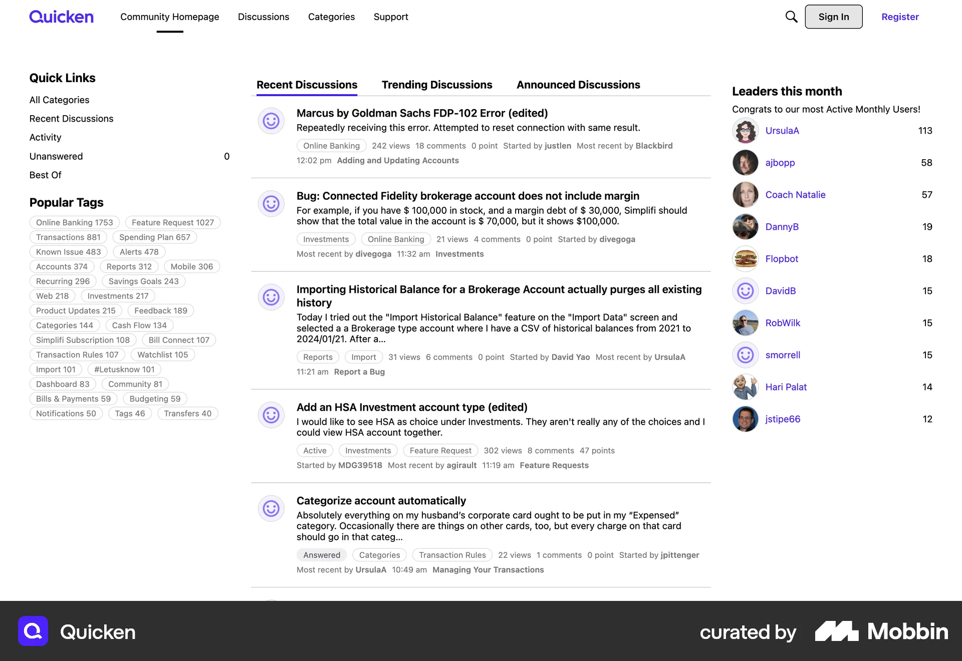 Quicken Web Leaderboard screen