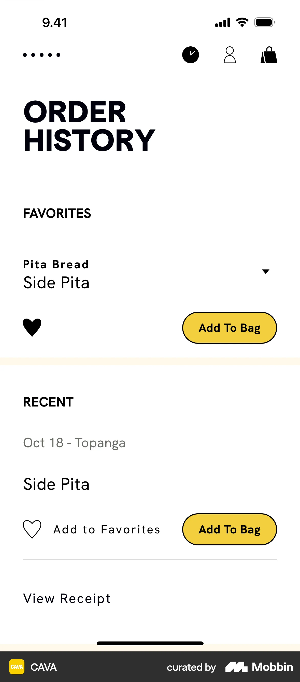 CAVA iOS Favorite & Pin screen