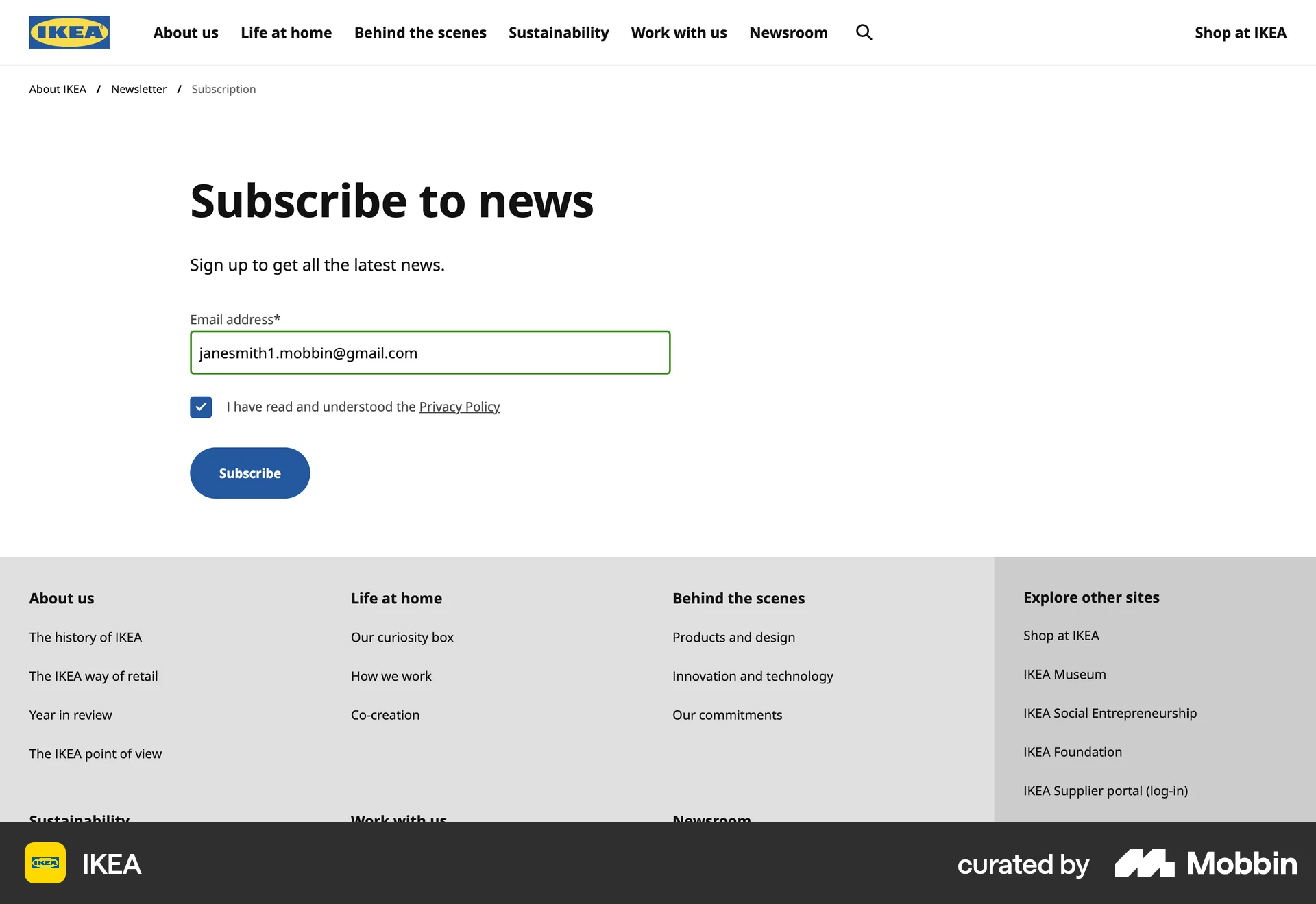IKEA Web Follow & Subscribe screen