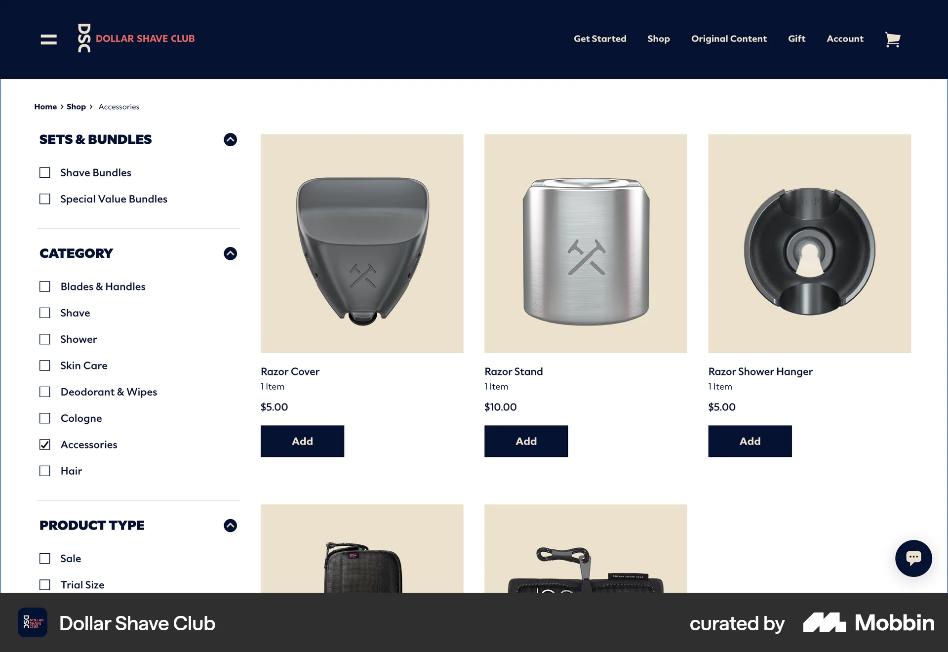 Dollar Shave Club Web screen containing Side Navigation UI element