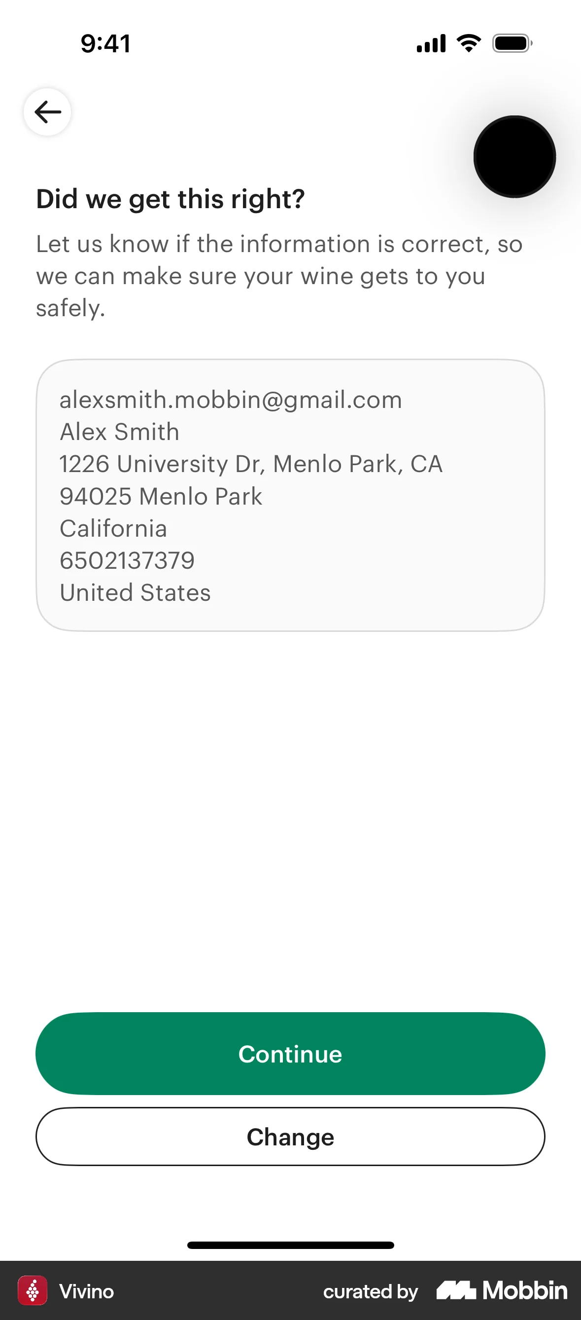 Vivino iOS Confirmation screen
