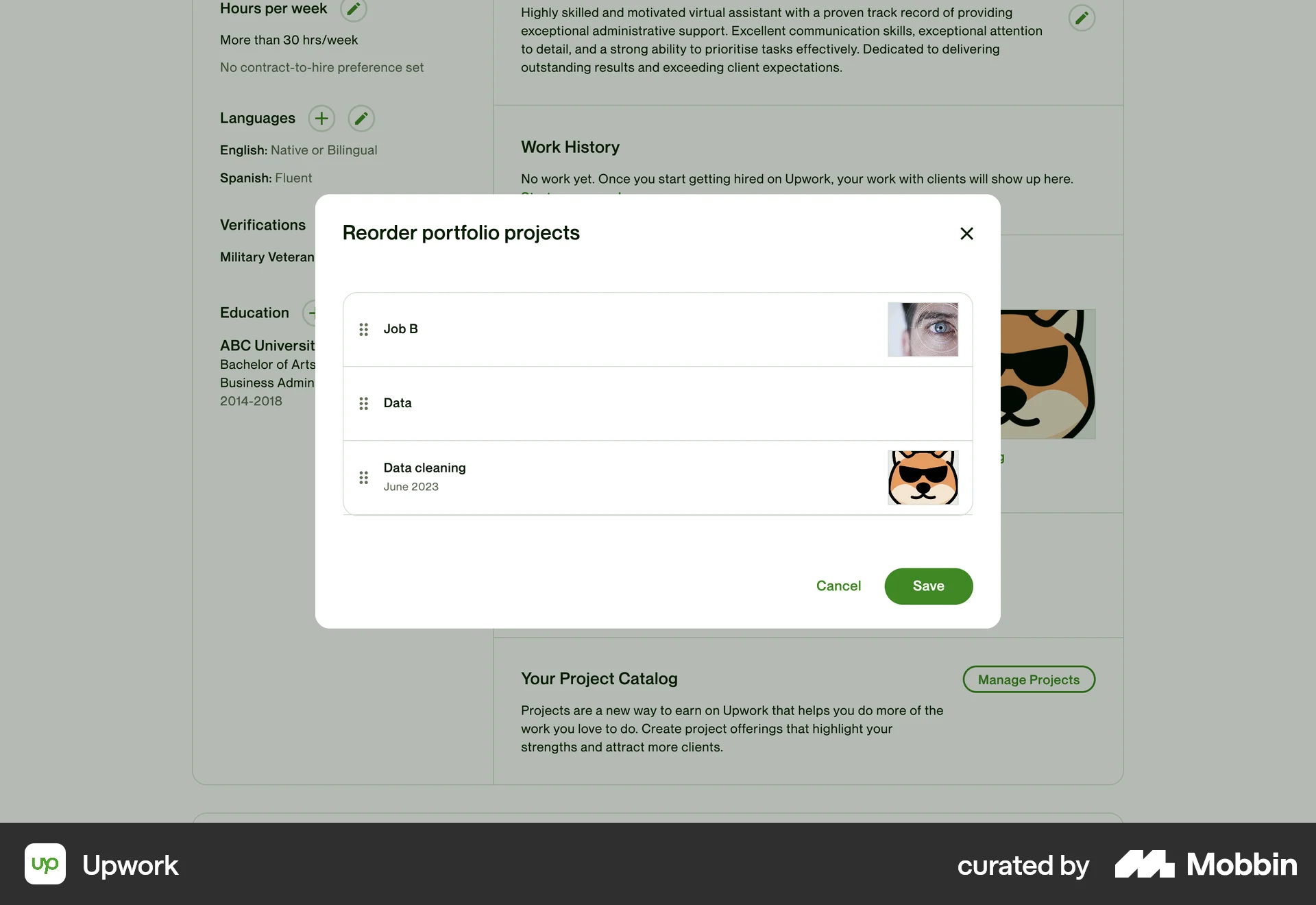 Upwork Web Reorder screen