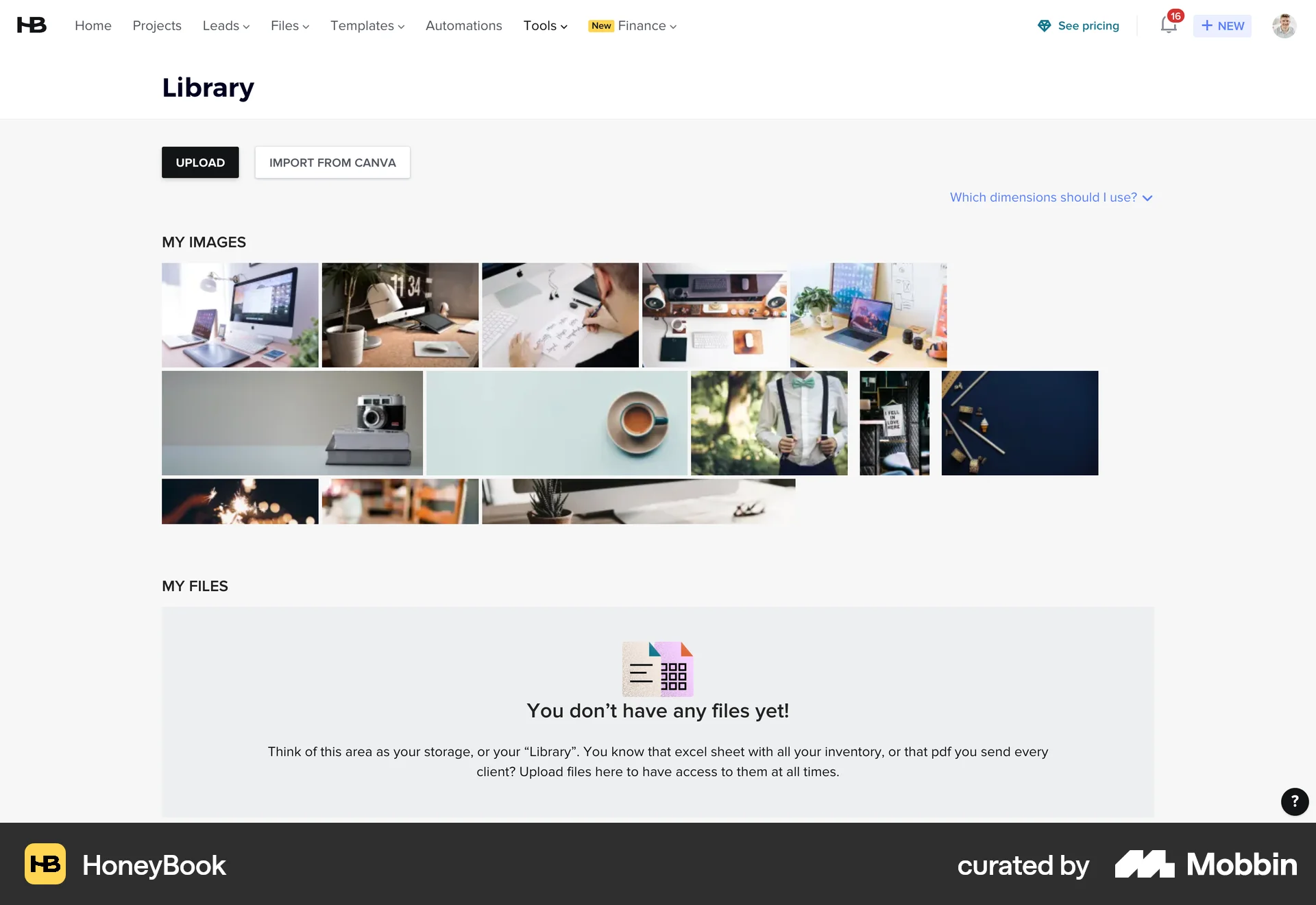 HoneyBook Web screen containing Gallery UI element