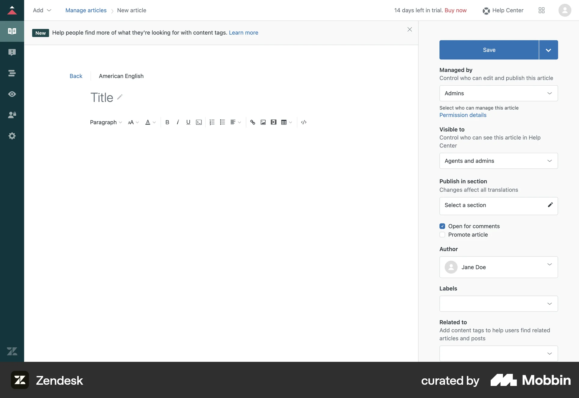 Zendesk Web screen containing Editable Text UI element