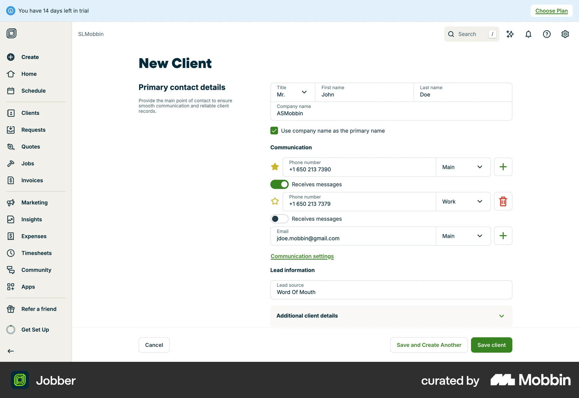 Jobber Web Add & Create screen