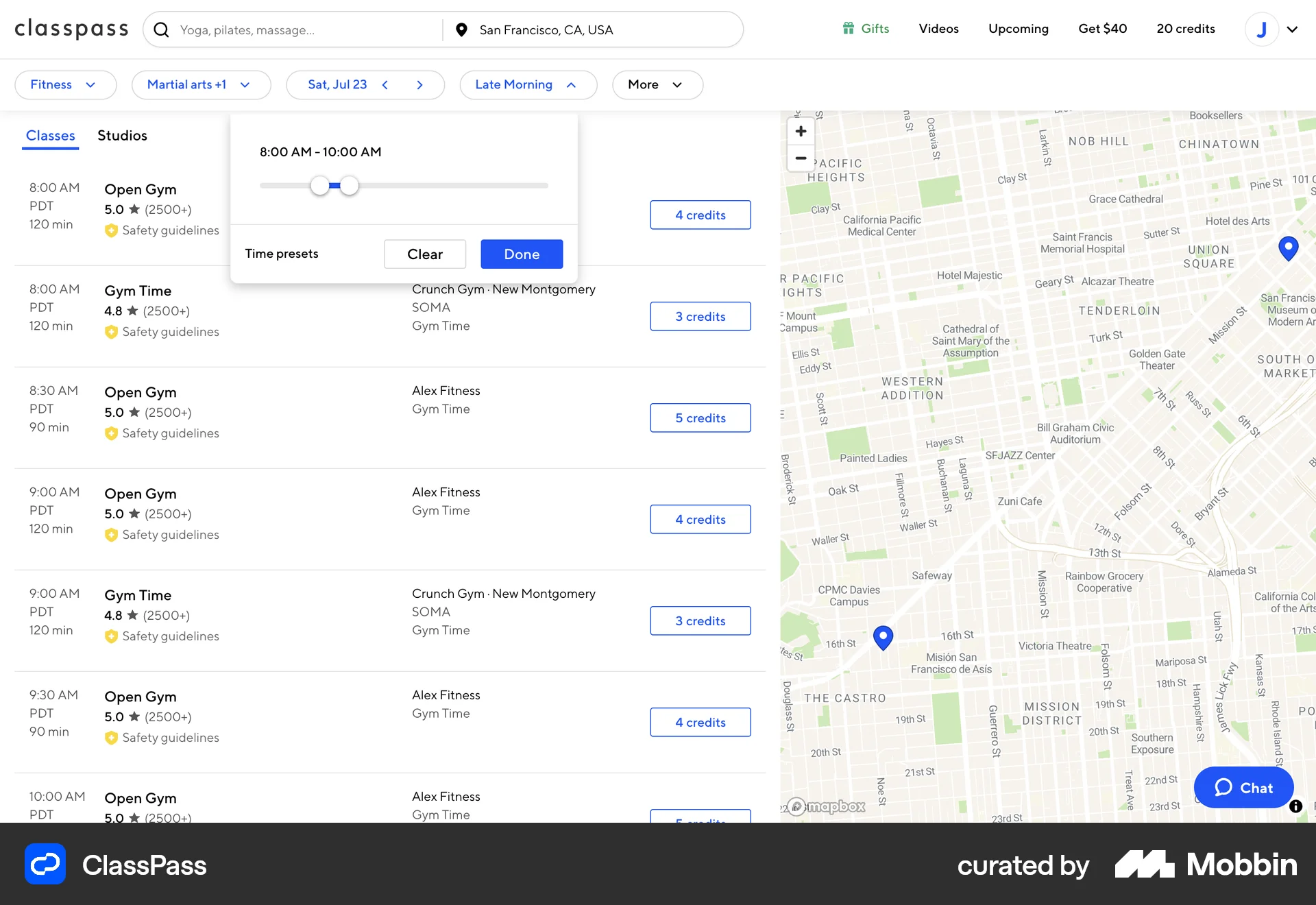 ClassPass Web screen containing Slider UI element
