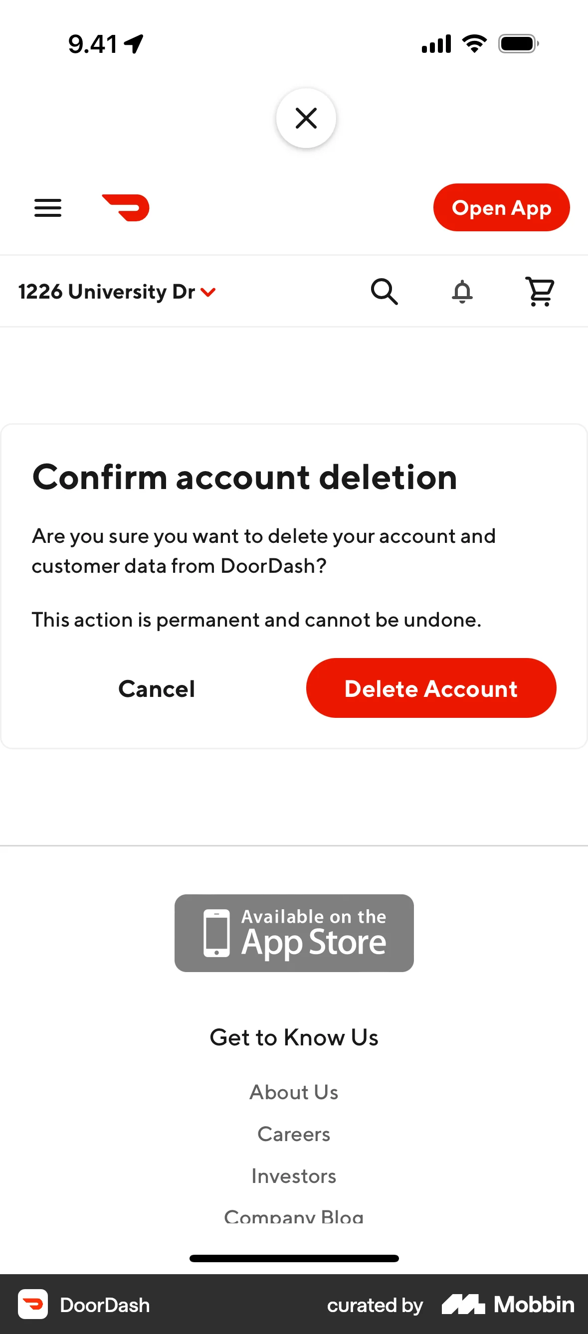 DoorDash iOS Delete & Deactivate Account screen