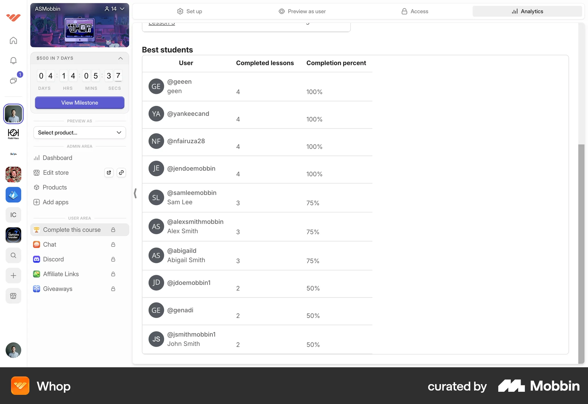 Whop Web Leaderboard screen