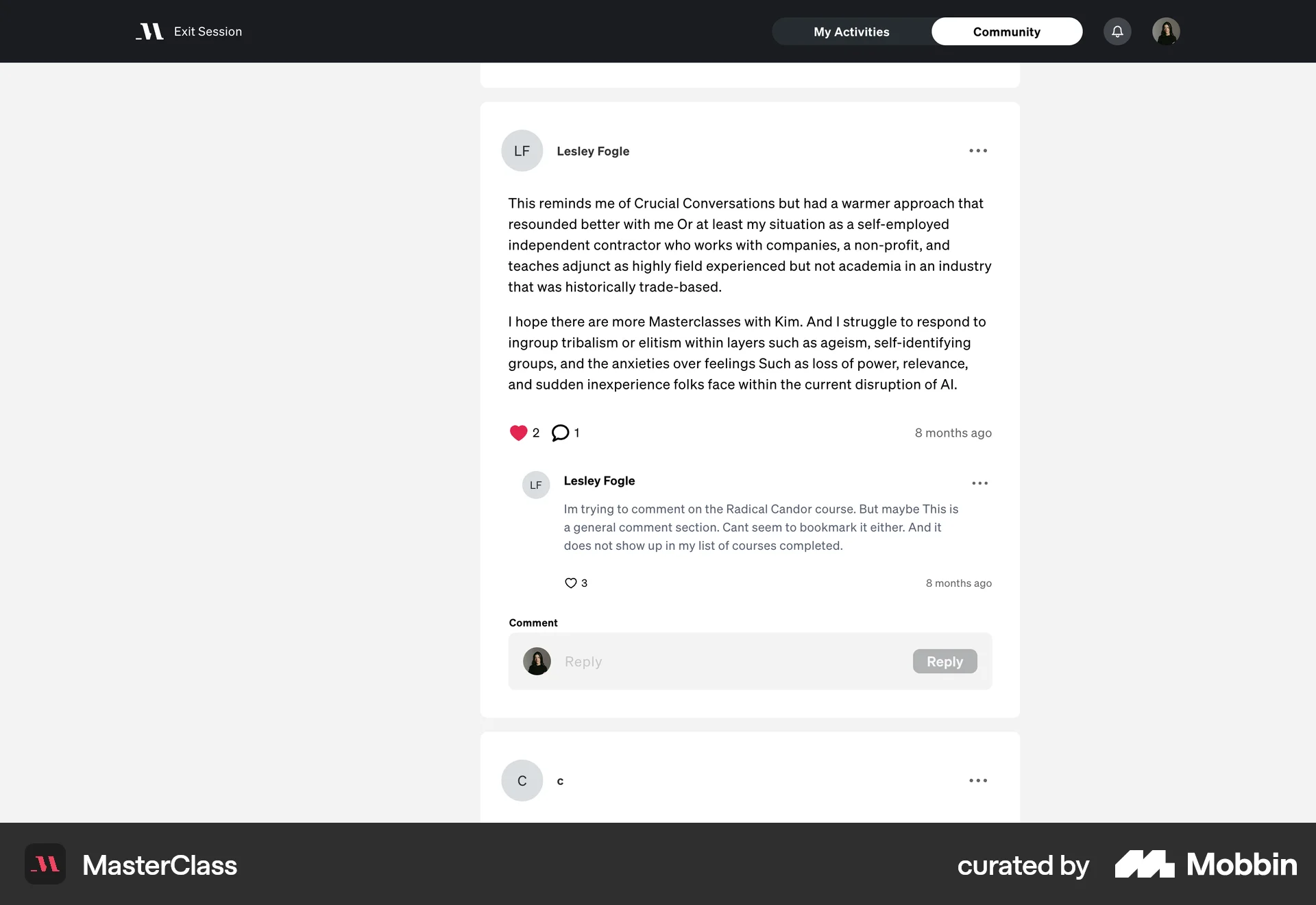 MasterClass Web Post Detail screen