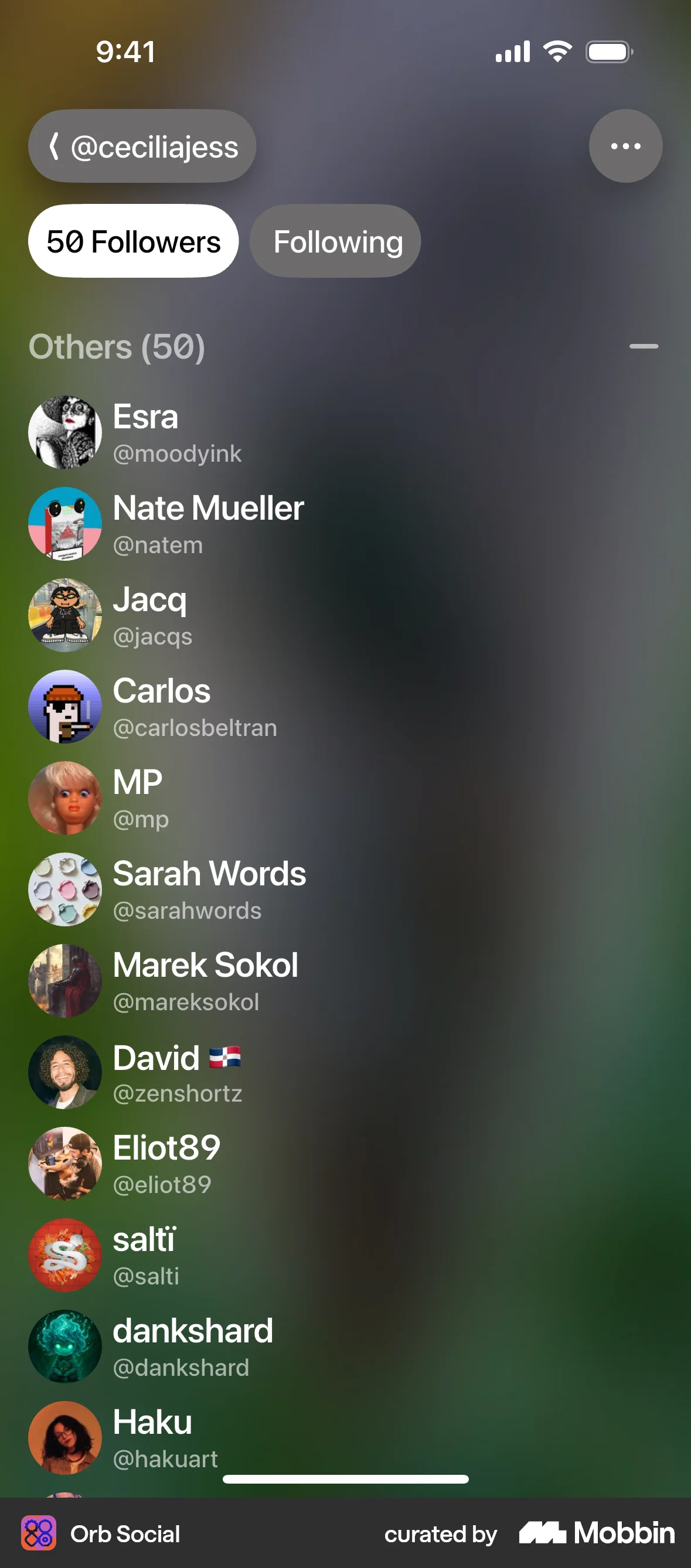 Orb Social iOS Followers & Following screen