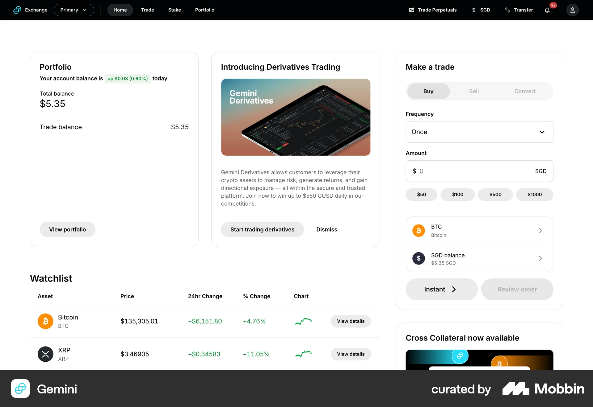 Gemini Web Wallet & Balance screen