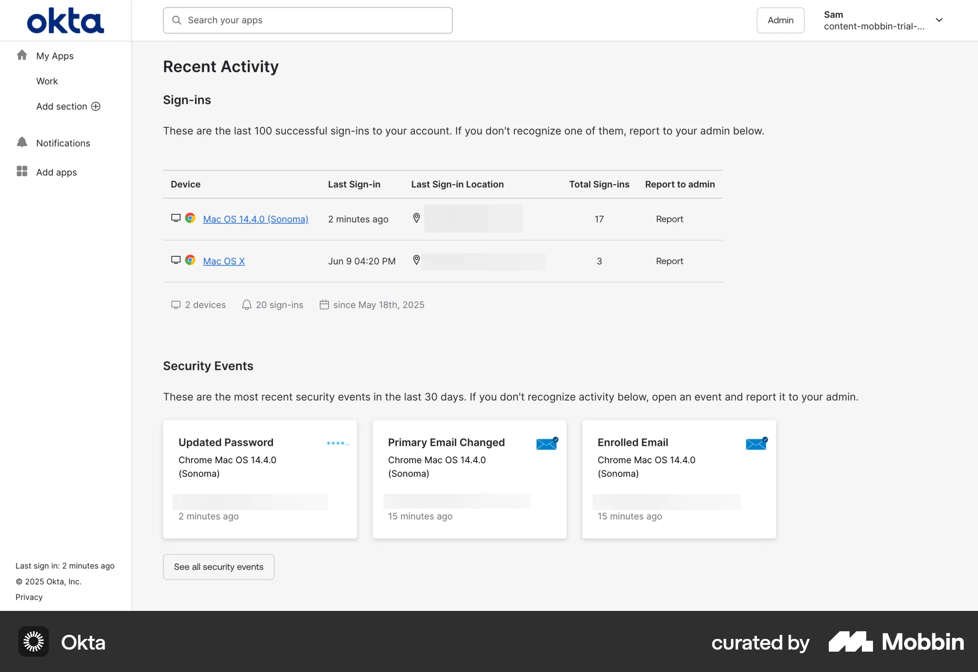 Okta Web Date & Time screen