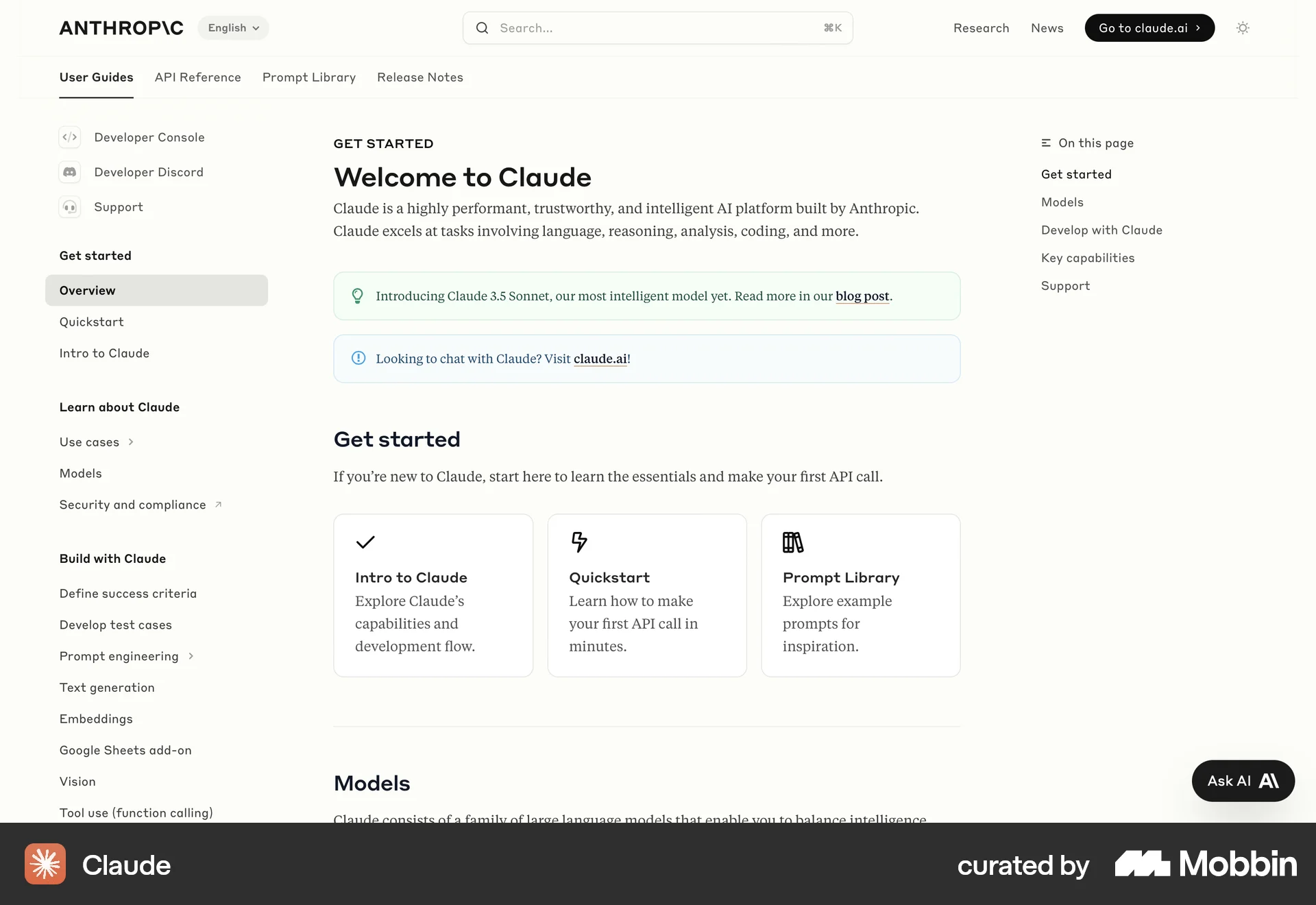 Claude Web screen containing Table of Contents UI element