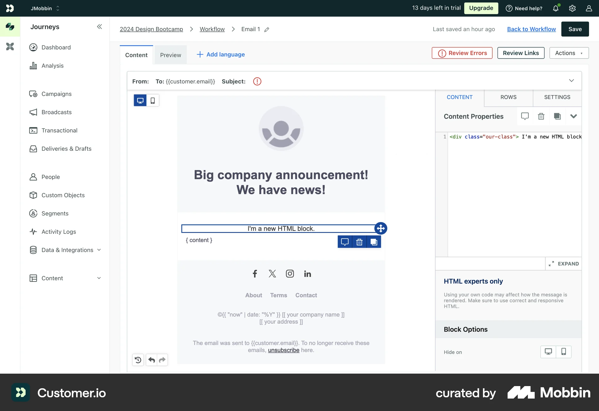 Customer.io Web Code Editor screen
