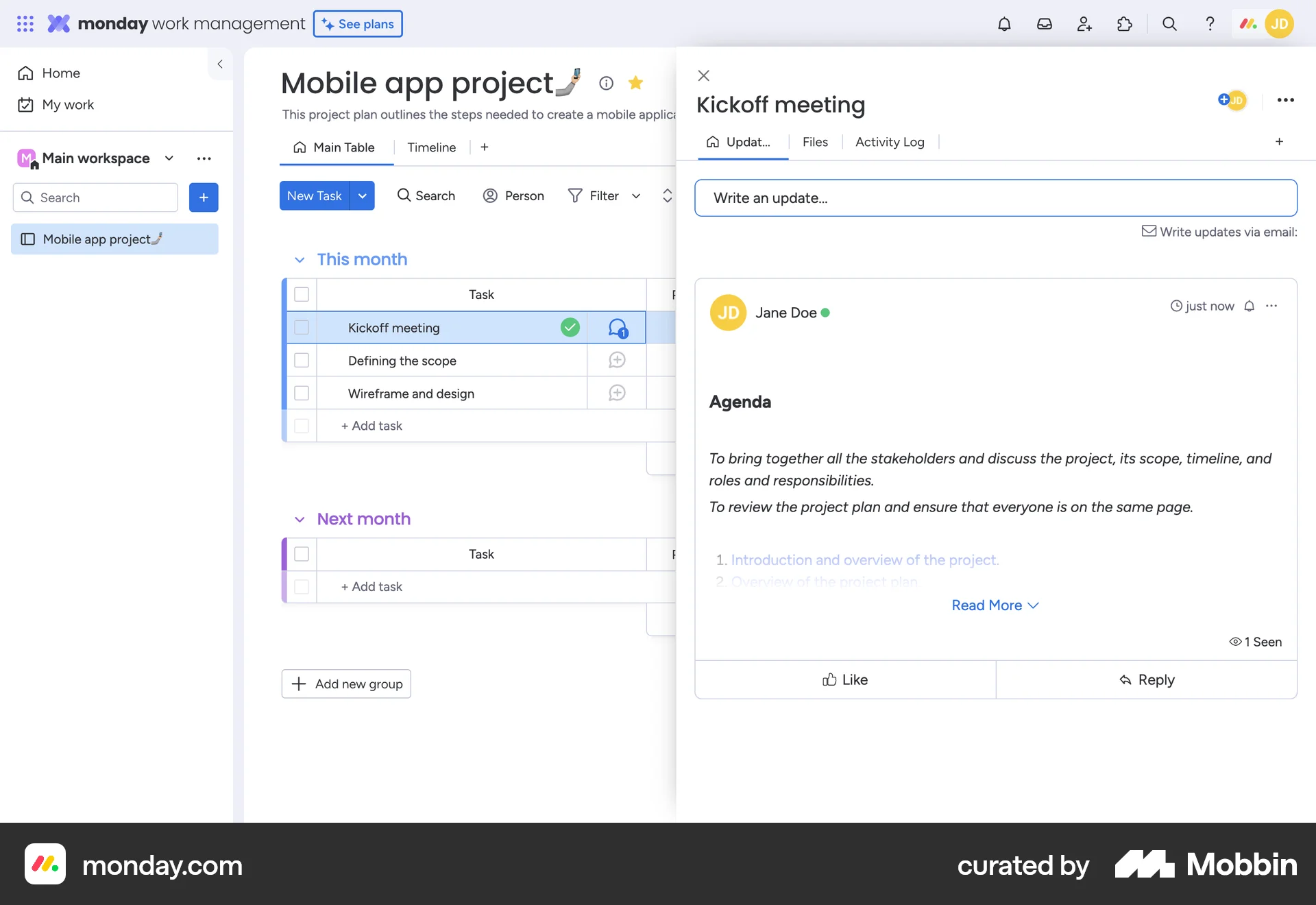 monday.com Web Note Detail screen