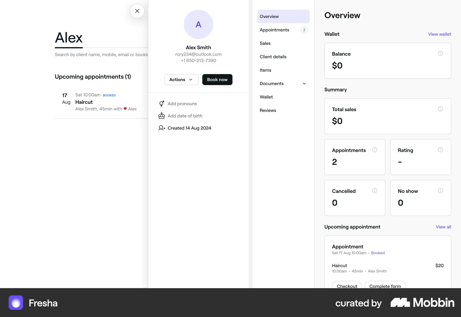 Fresha Web User / Group Profile screen