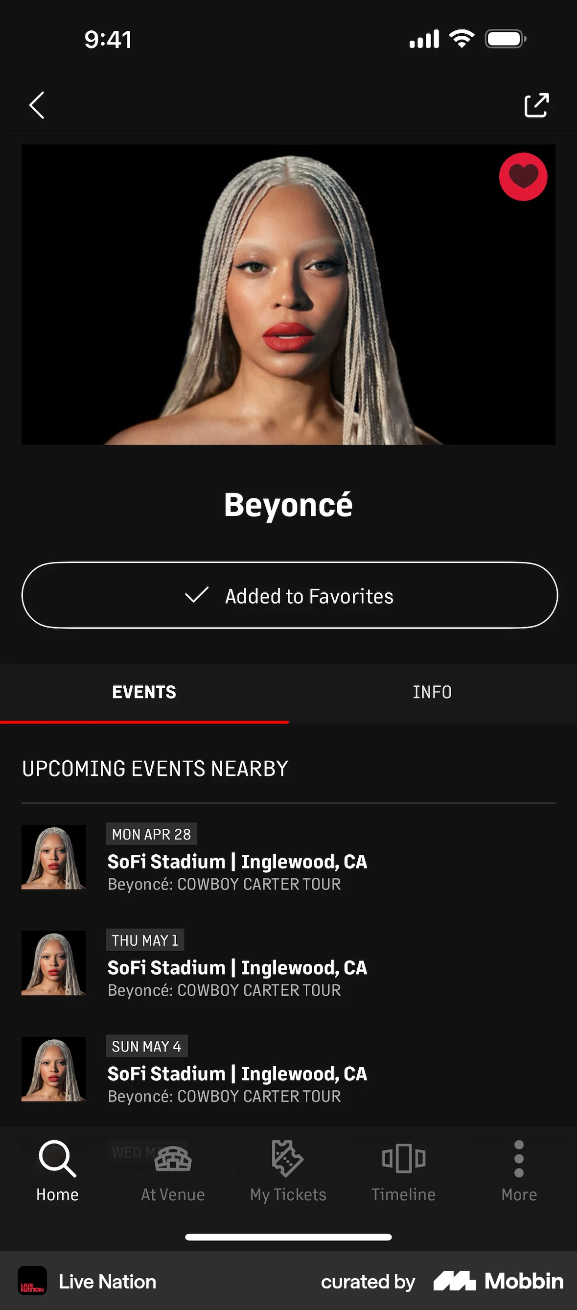 Live Nation iOS Favorite & Pin screen