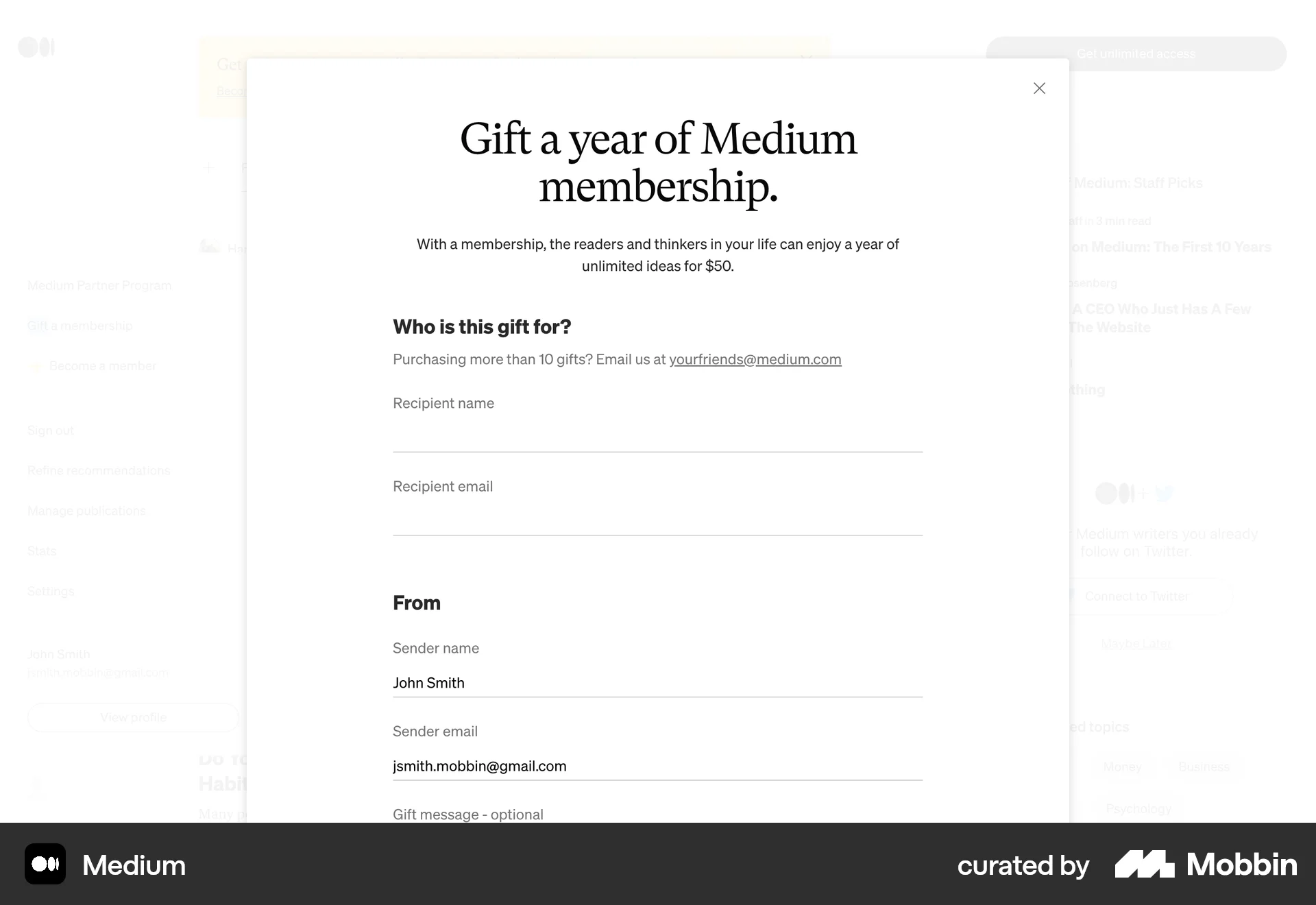 Medium Web Invite & Refer Friends screen