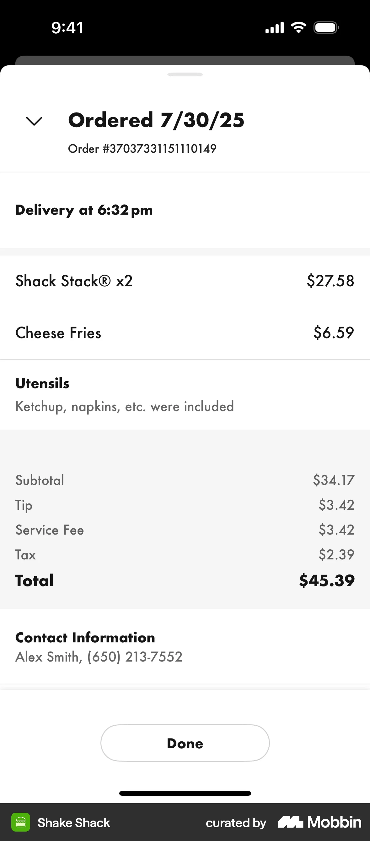 Shake Shack iOS Order Detail screen