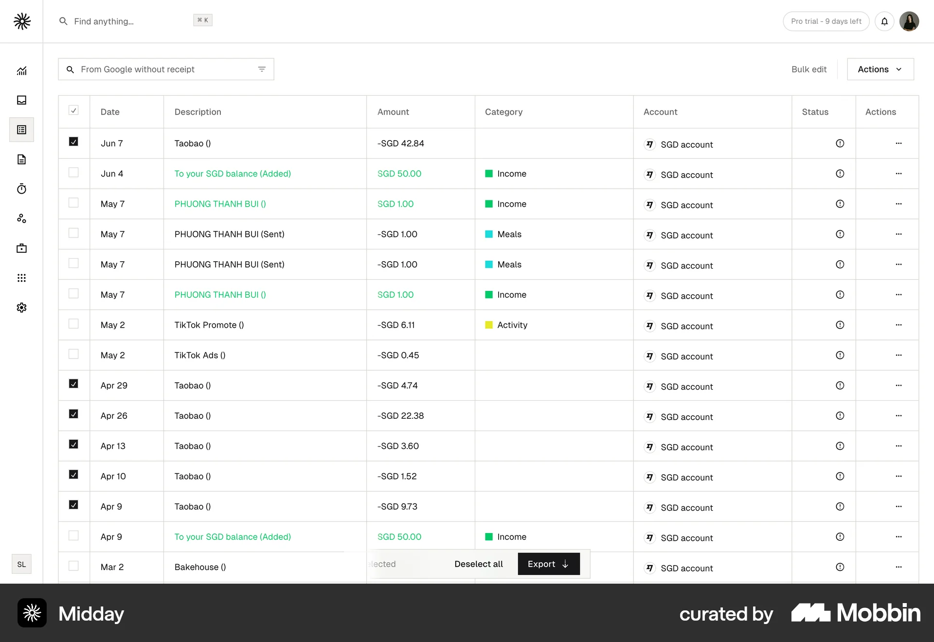 Midday Web screen containing Toolbar UI element