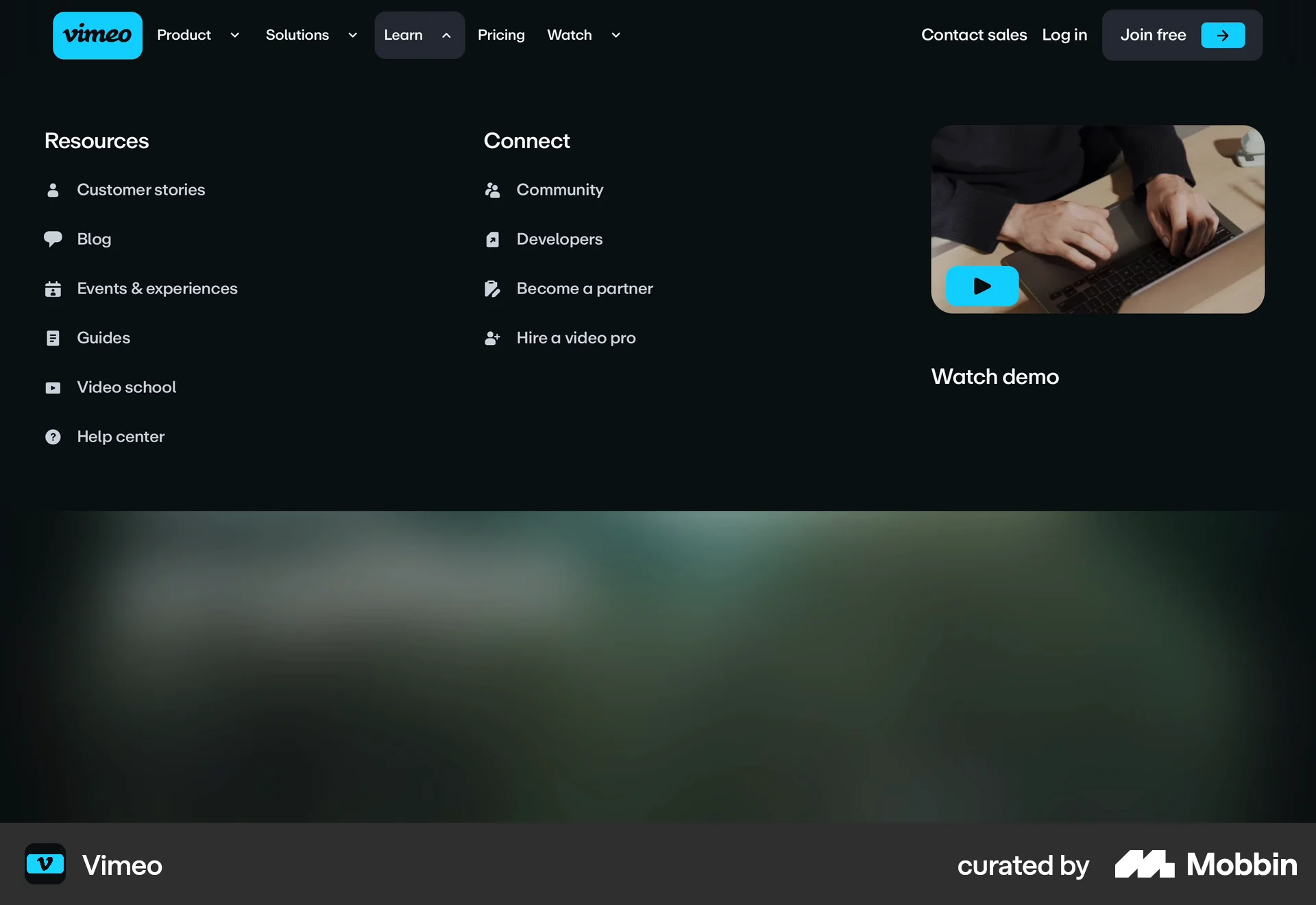 Vimeo Web screen containing Navigation Menu UI element