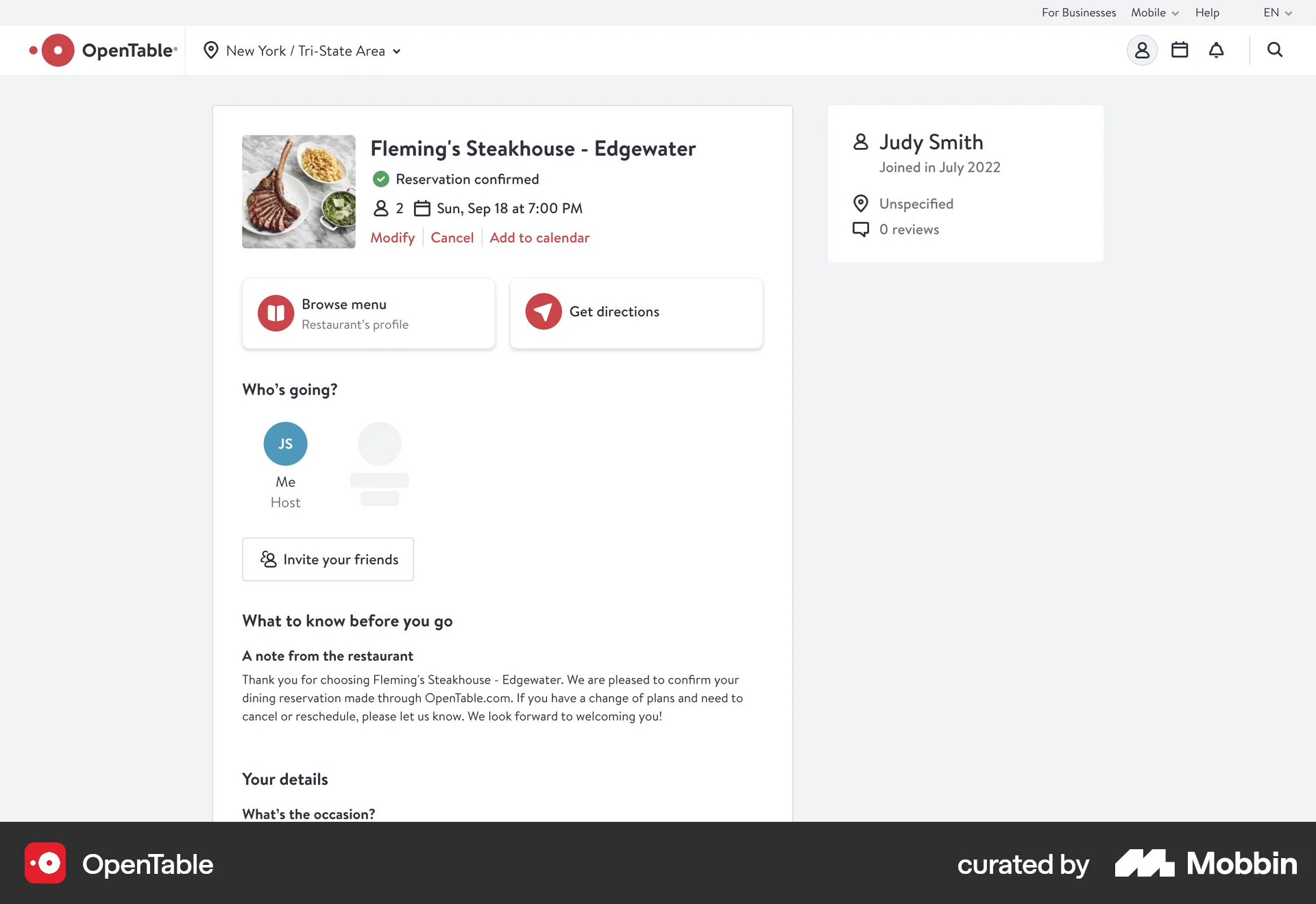 OpenTable Web Order Confirmation screen