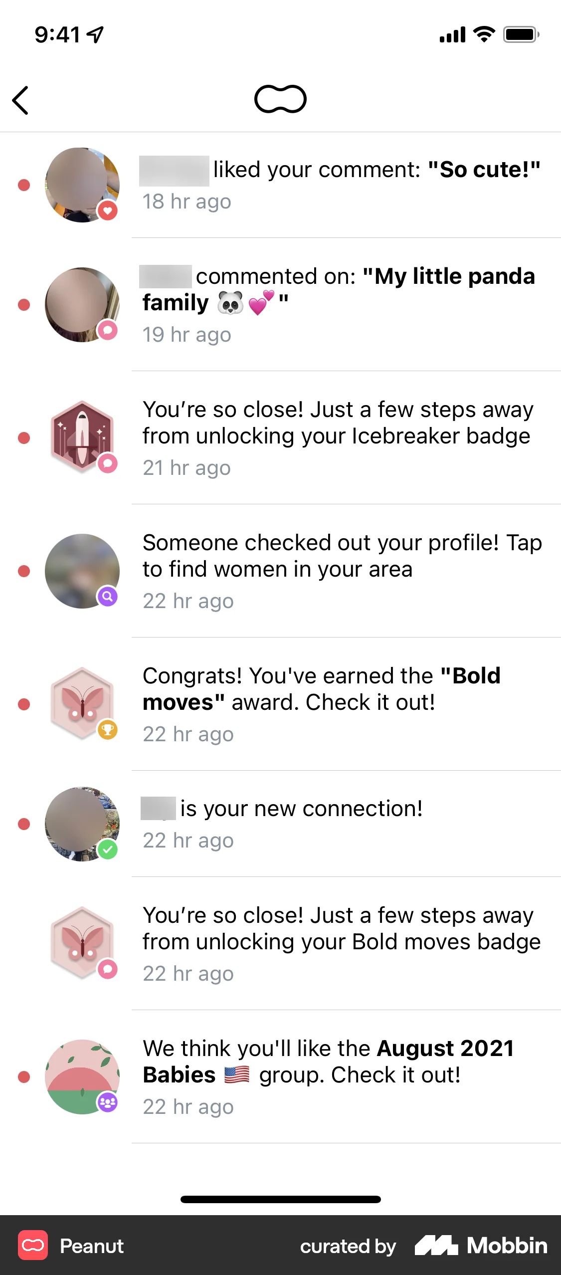 Peanut iOS Notifications screen