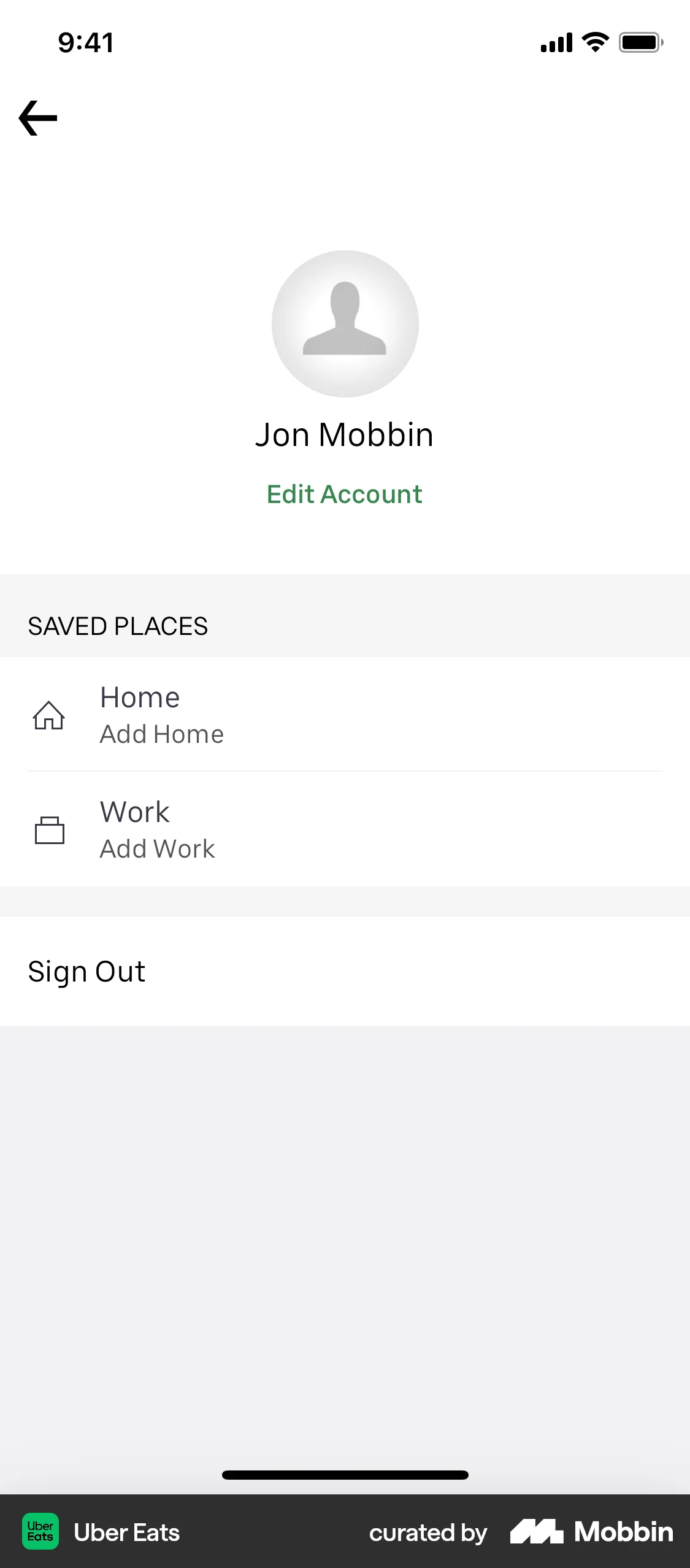 Uber Eats iOS My Account & Profile screen