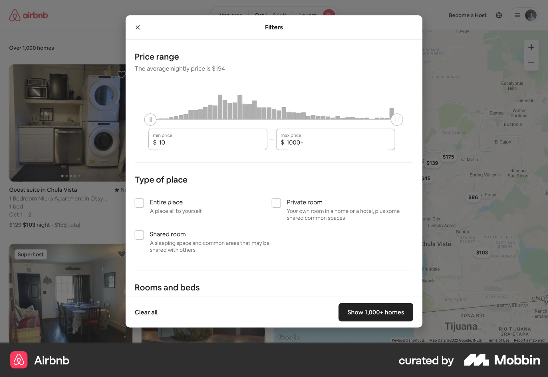 Airbnb Web screen containing Slider UI element