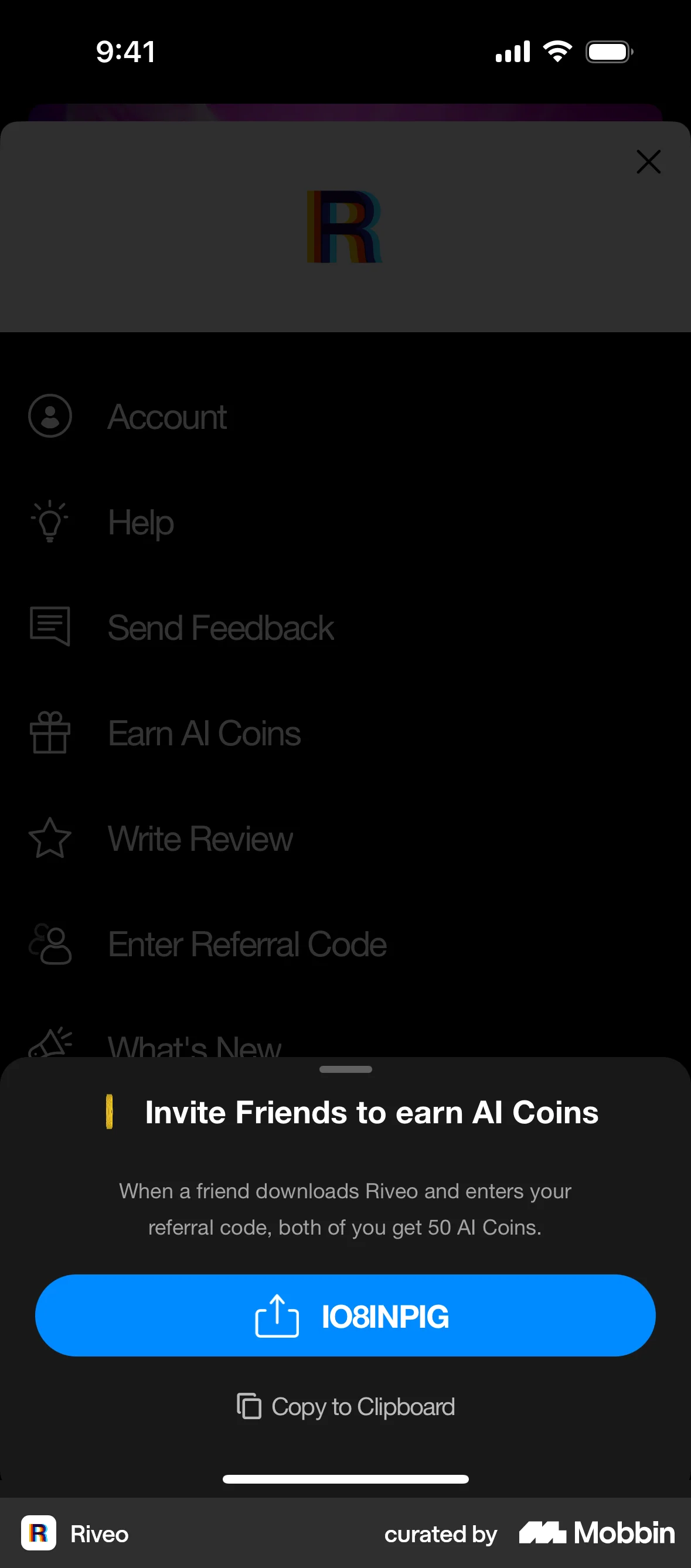 Riveo iOS Invite & Refer Friends screen