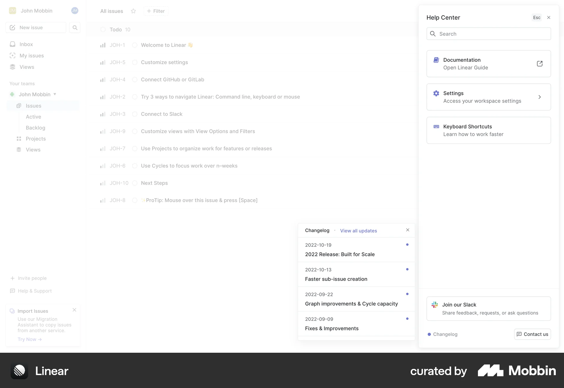 Linear Web Help & Support screen
