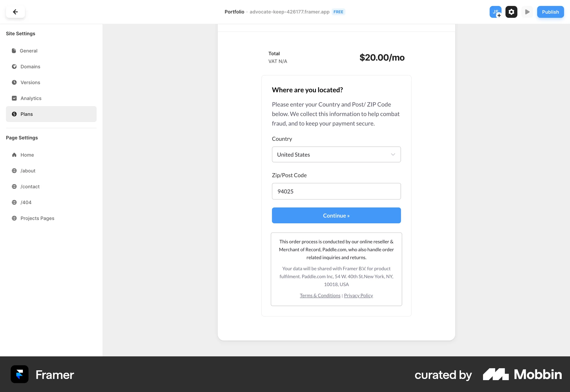 Framer Web Checkout screen