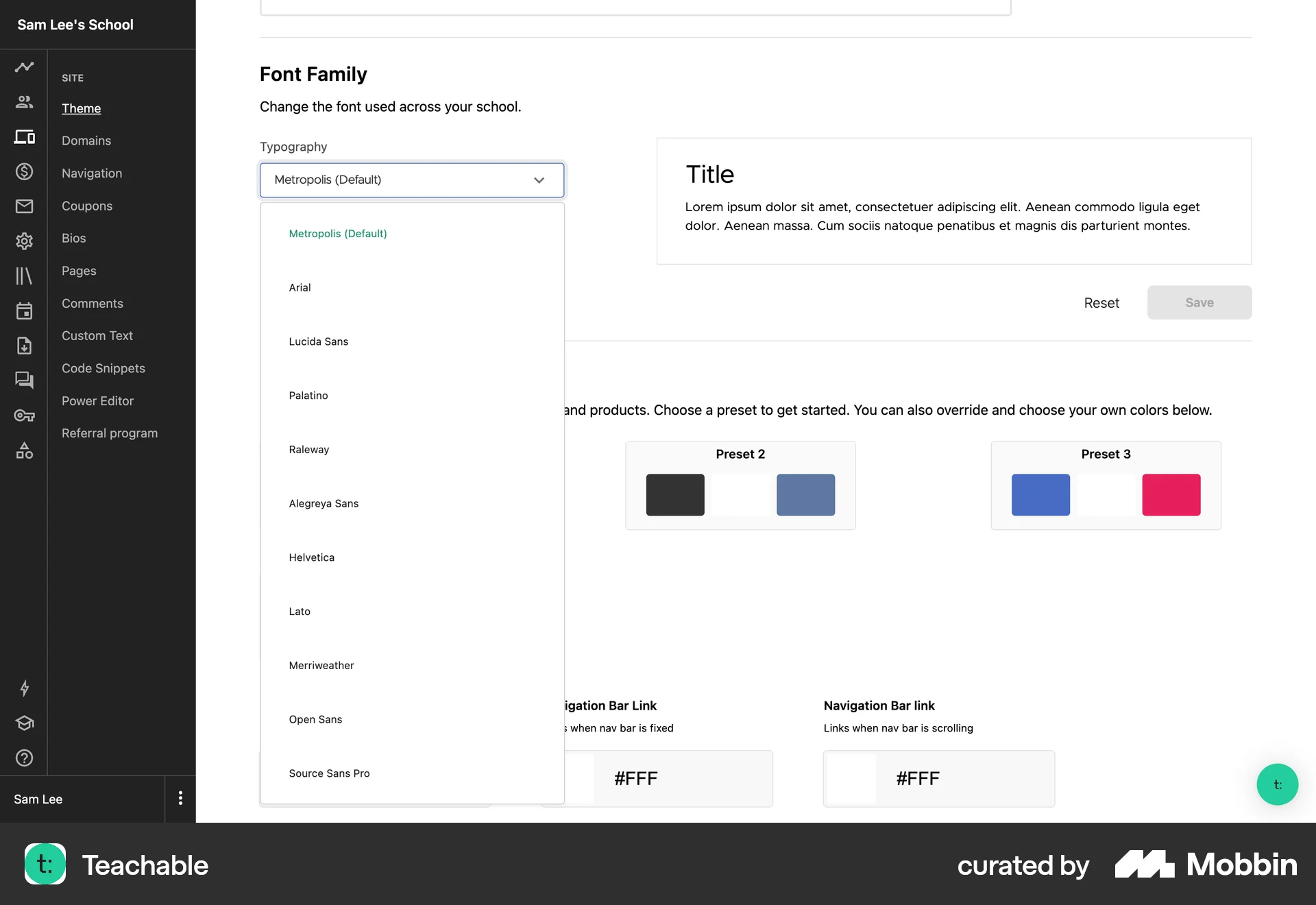 Teachable Web screen containing Select UI element