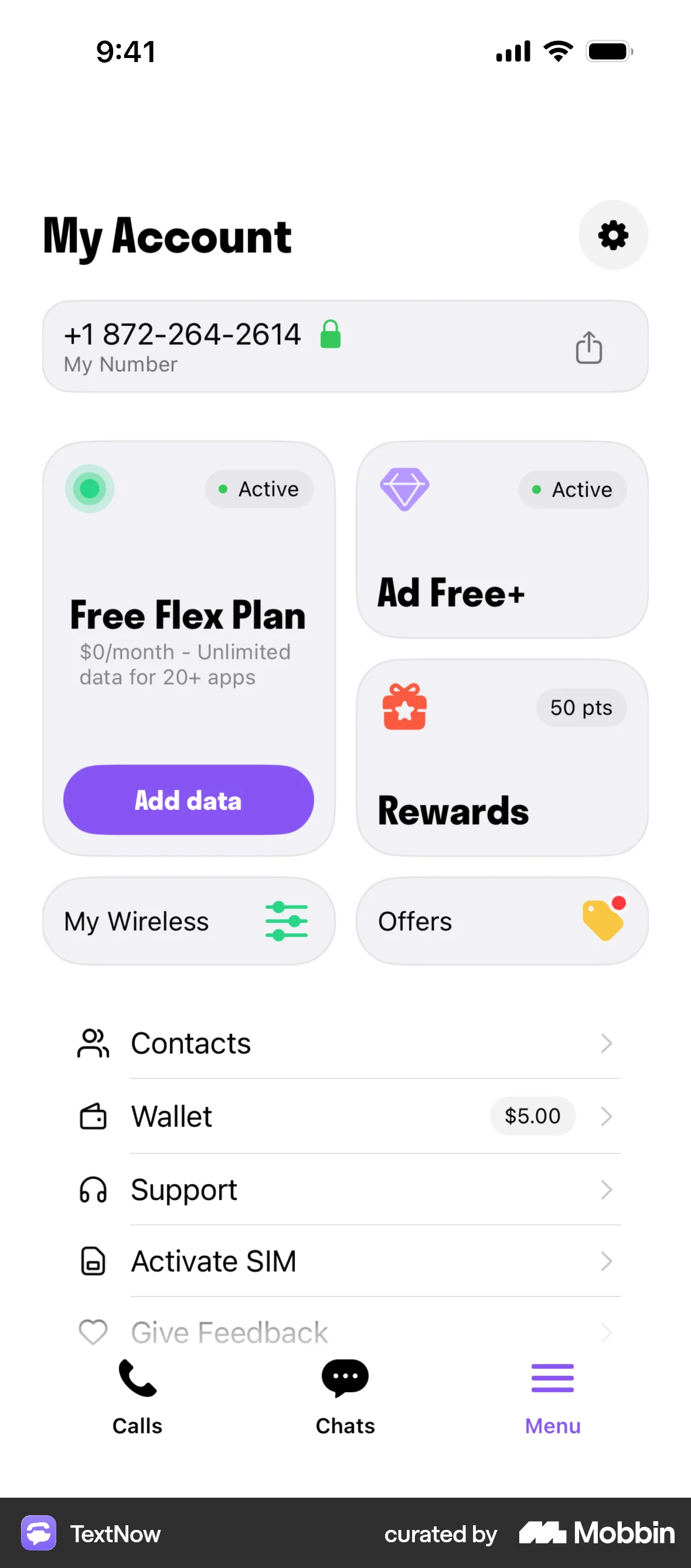 TextNow iOS My Account & Profile screen