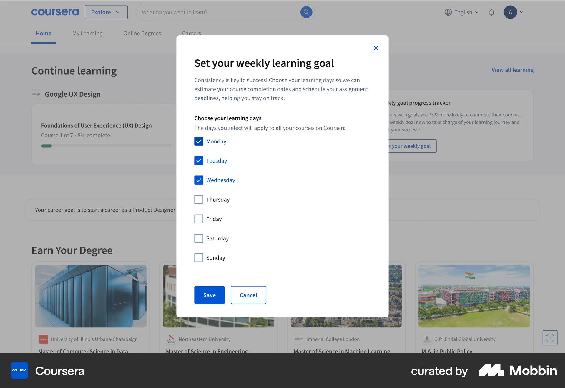 Coursera Web Schedule screen