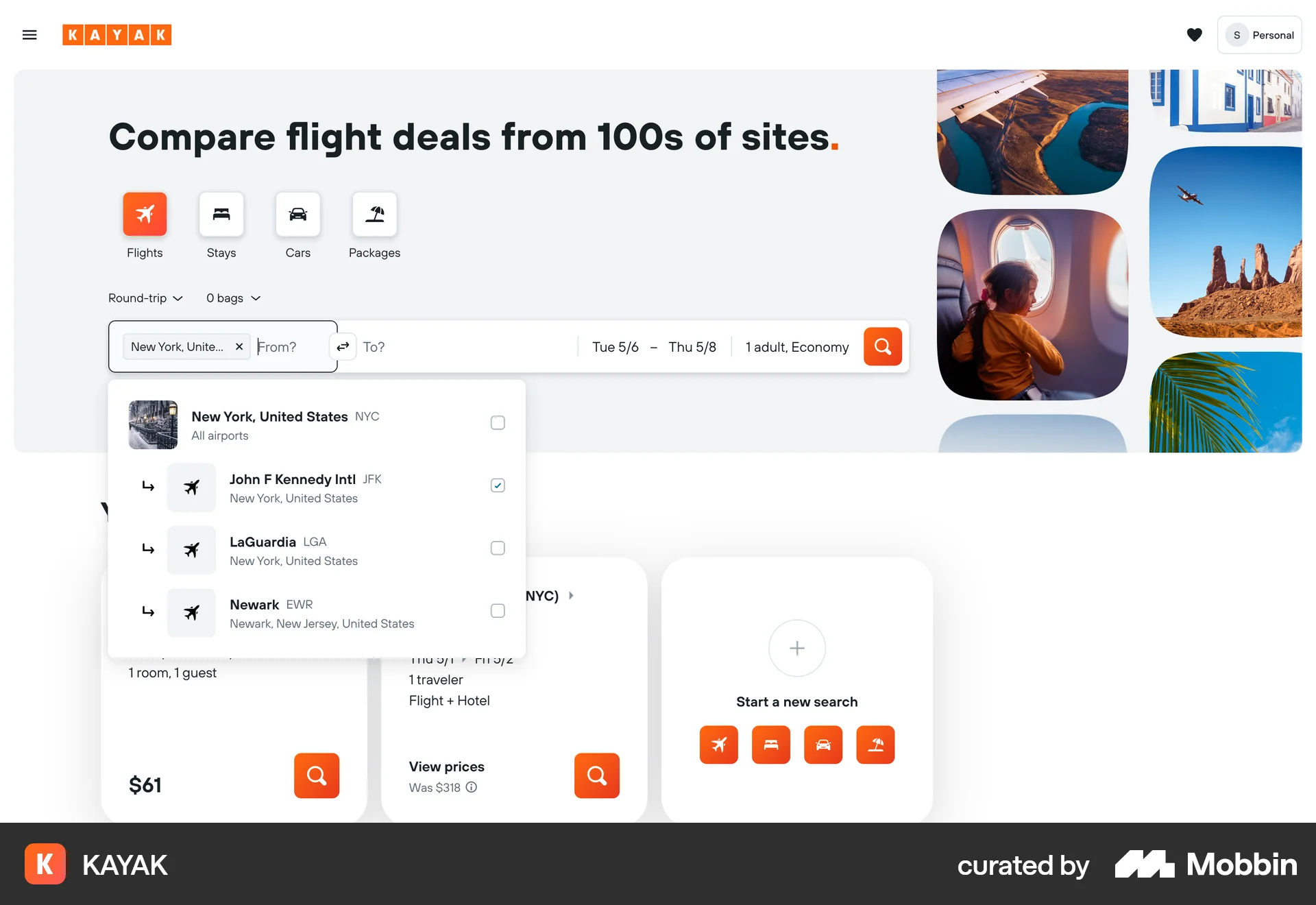 KAYAK Web screen containing Combobox UI element