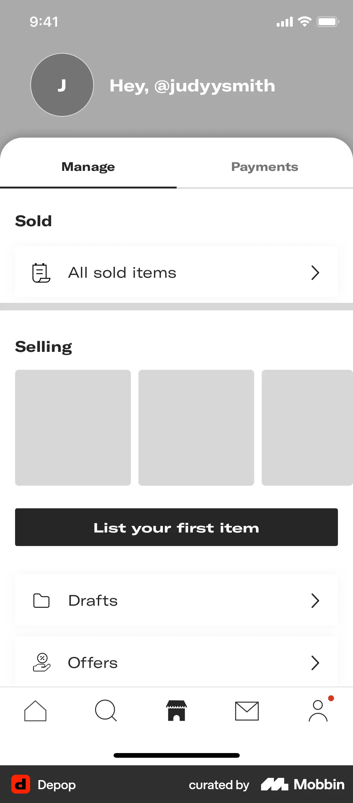 Depop iOS My Account & Profile screen
