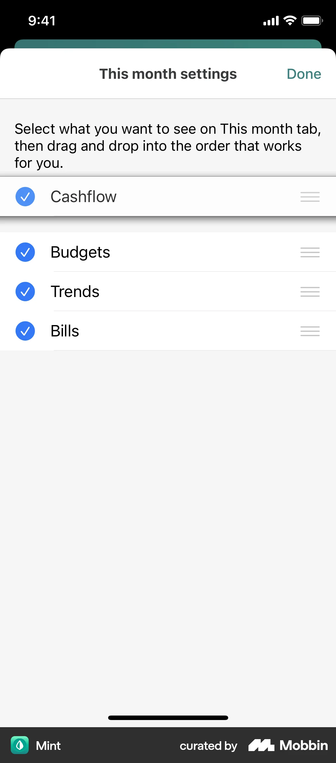 Mint iOS Reorder screen