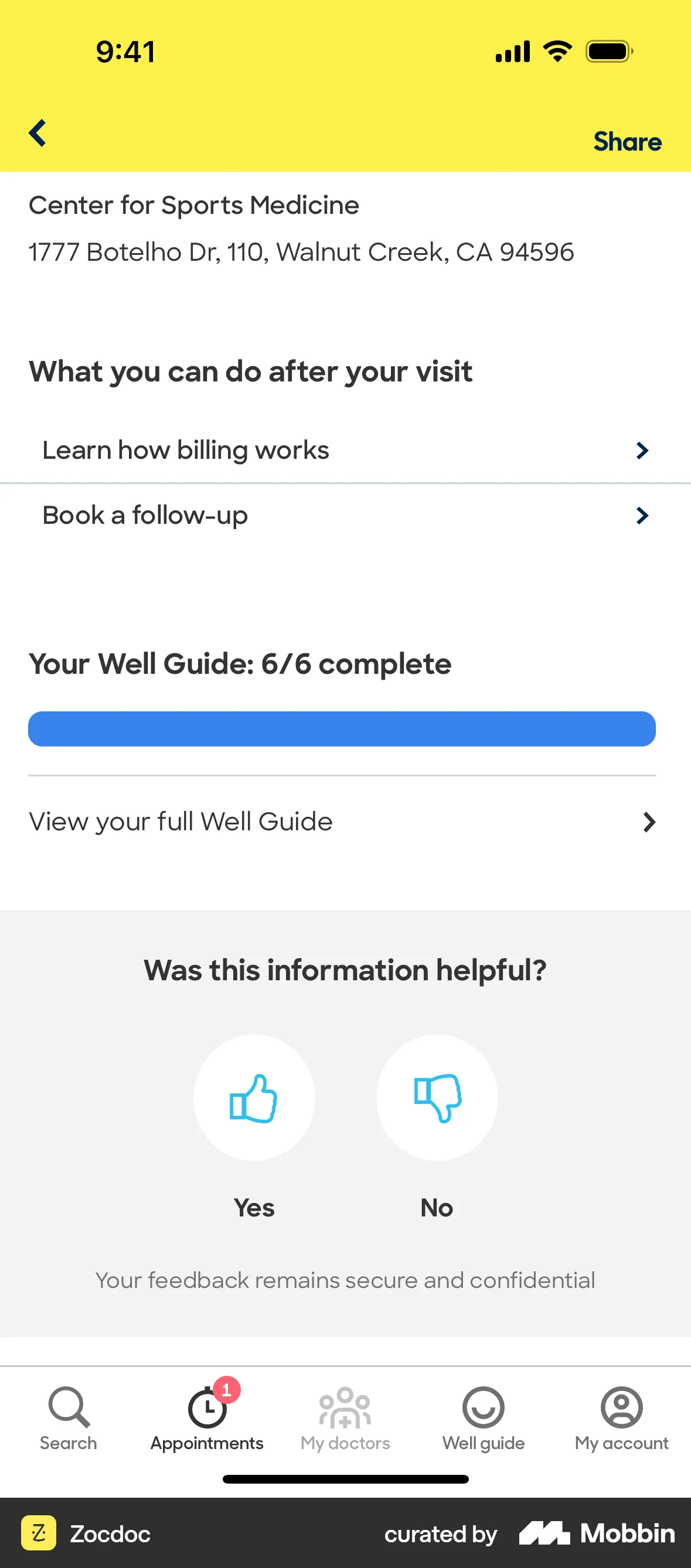 Zocdoc iOS Feedback screen