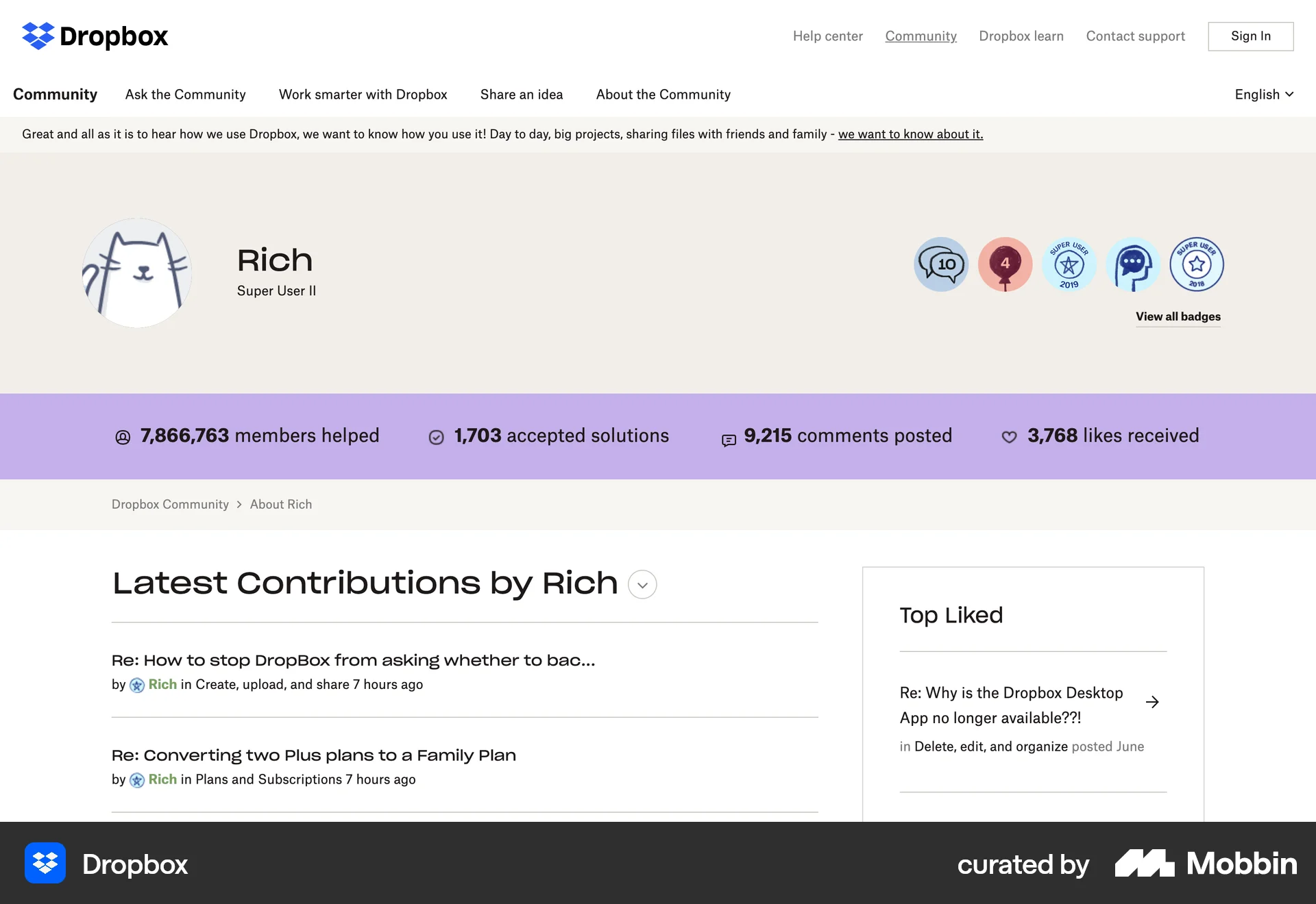 Dropbox Web User / Group Profile screen