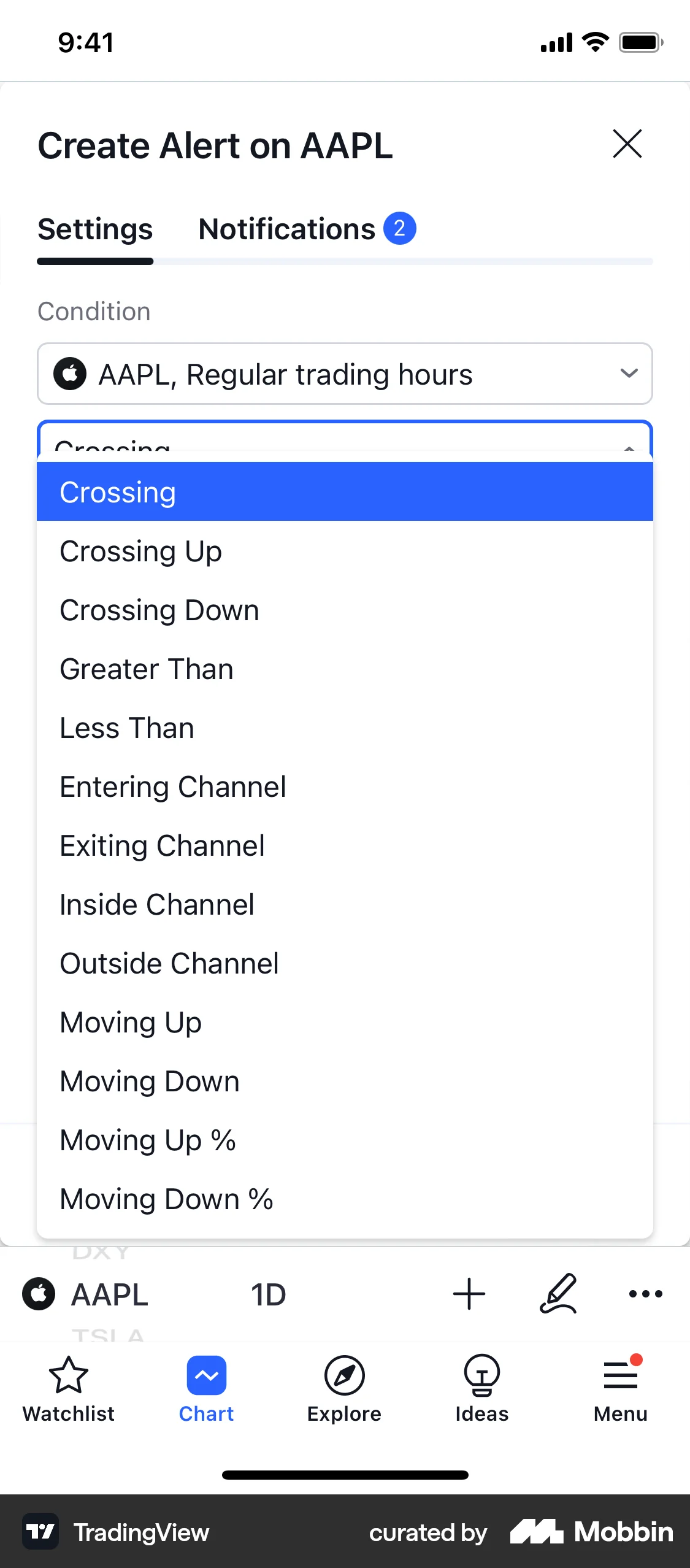 TradingView iOS screen containing Dropdown Menu UI element